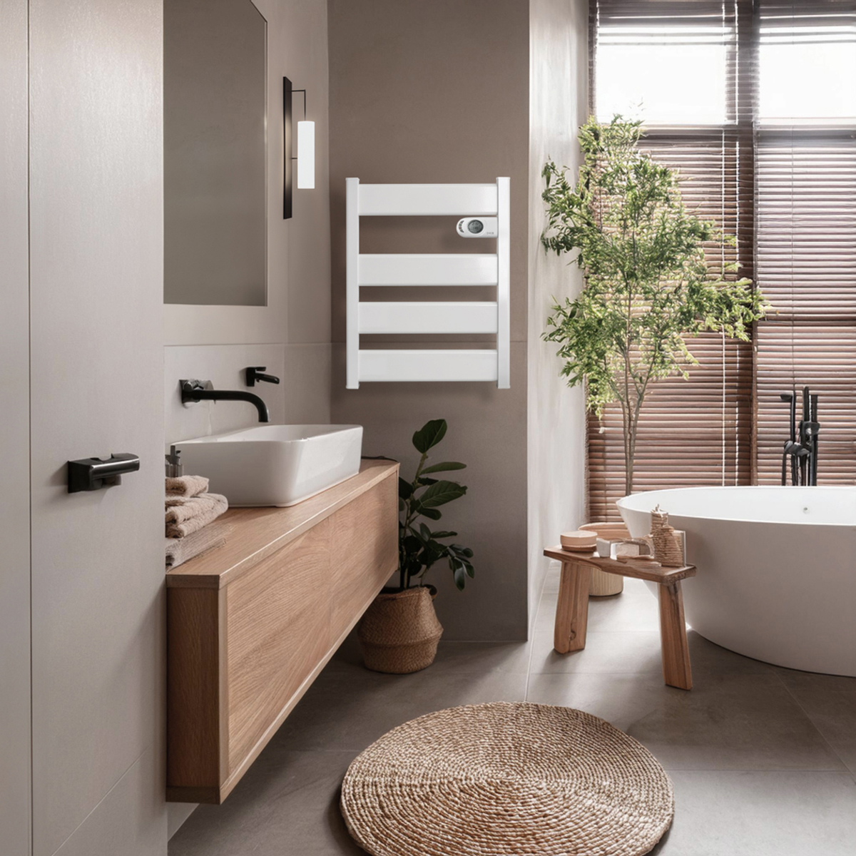 Escena de baño con un toallero blanco. Lavabo, espejo, plantas y detalles de madera. Diseño moderno.