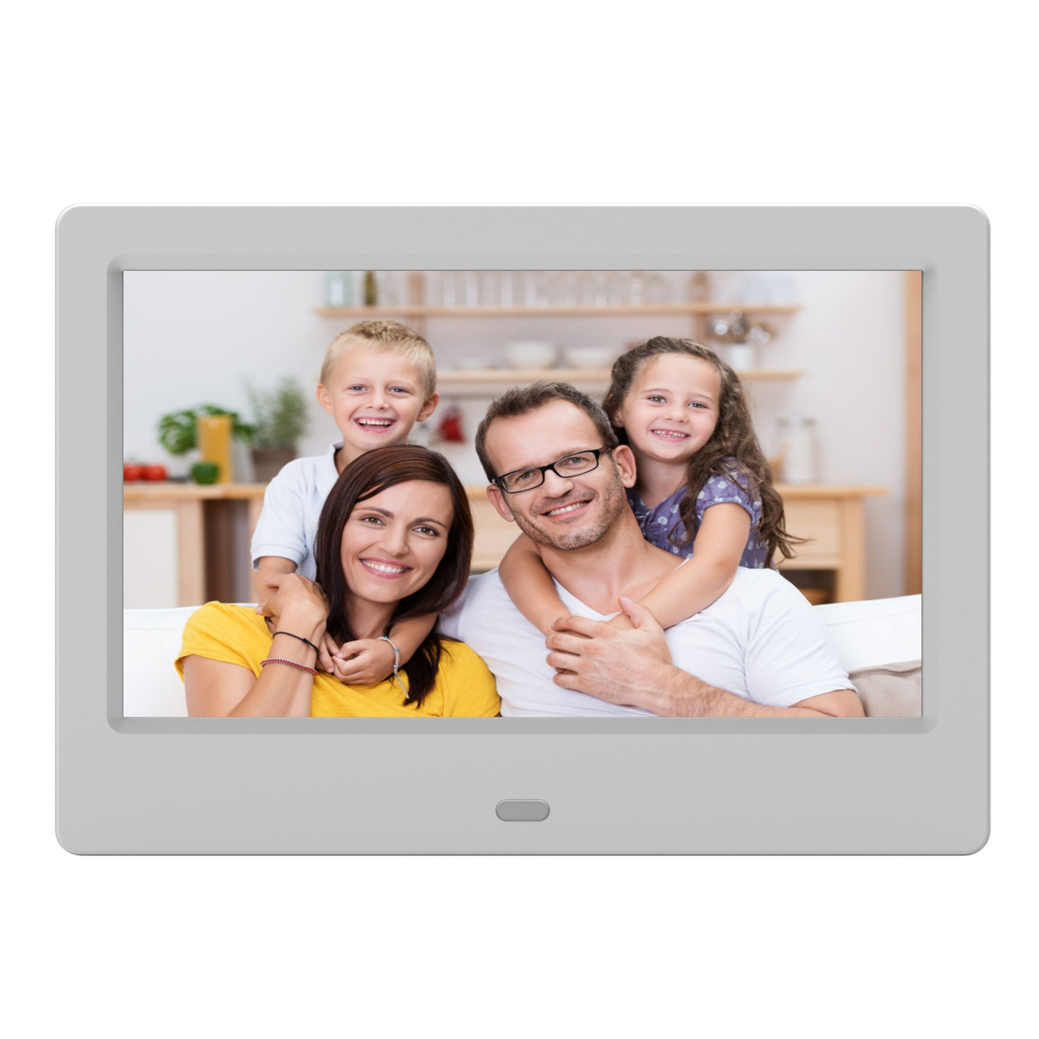 Digitaler Fotorahmen mit Familienporträt. Familie lächelt.