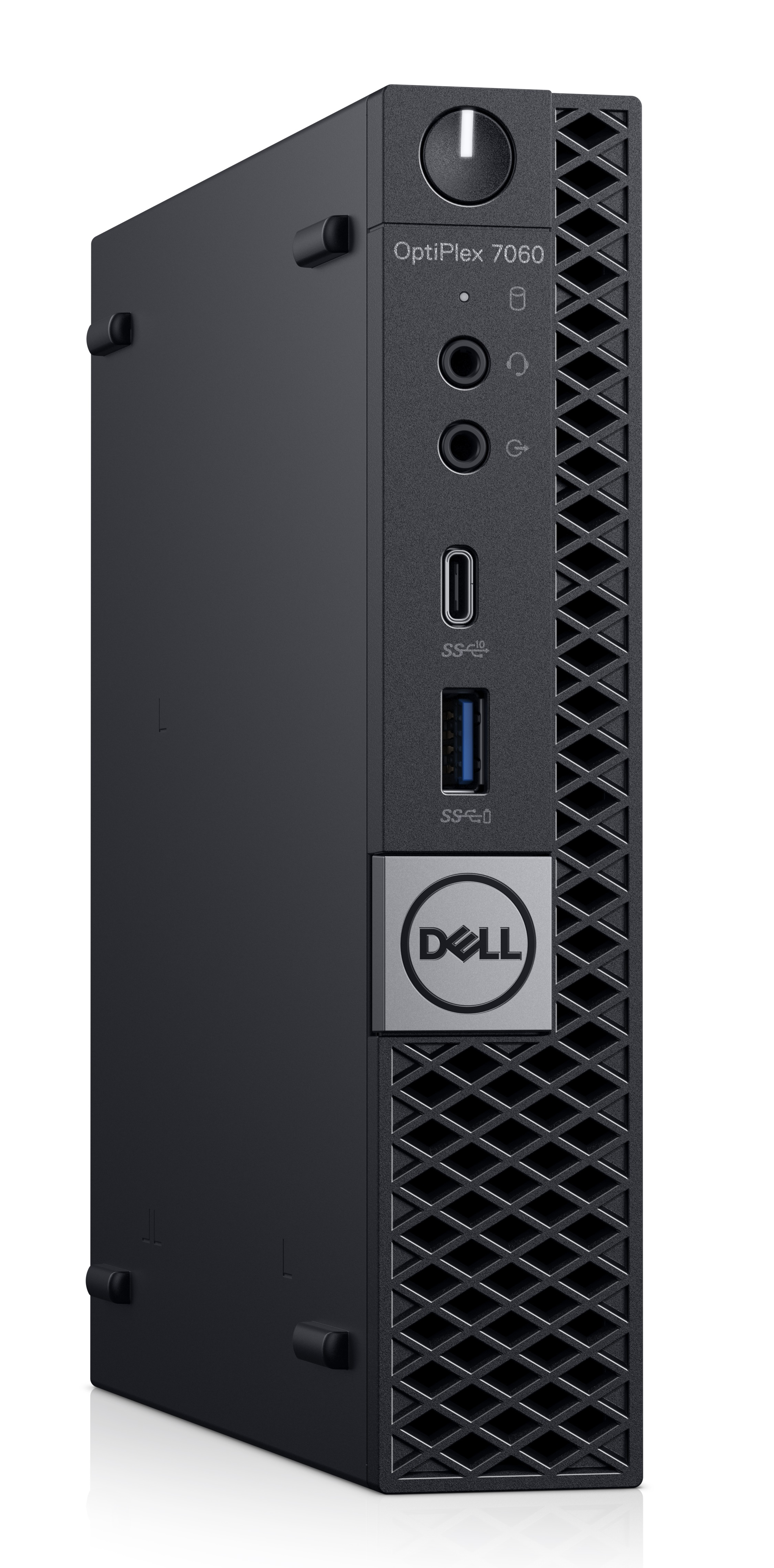 Ein schwarzer Dell OptiPlex 7060 Desktop-Computer. Die Vorderseite hat Anschlüsse und das Dell-Logo.
