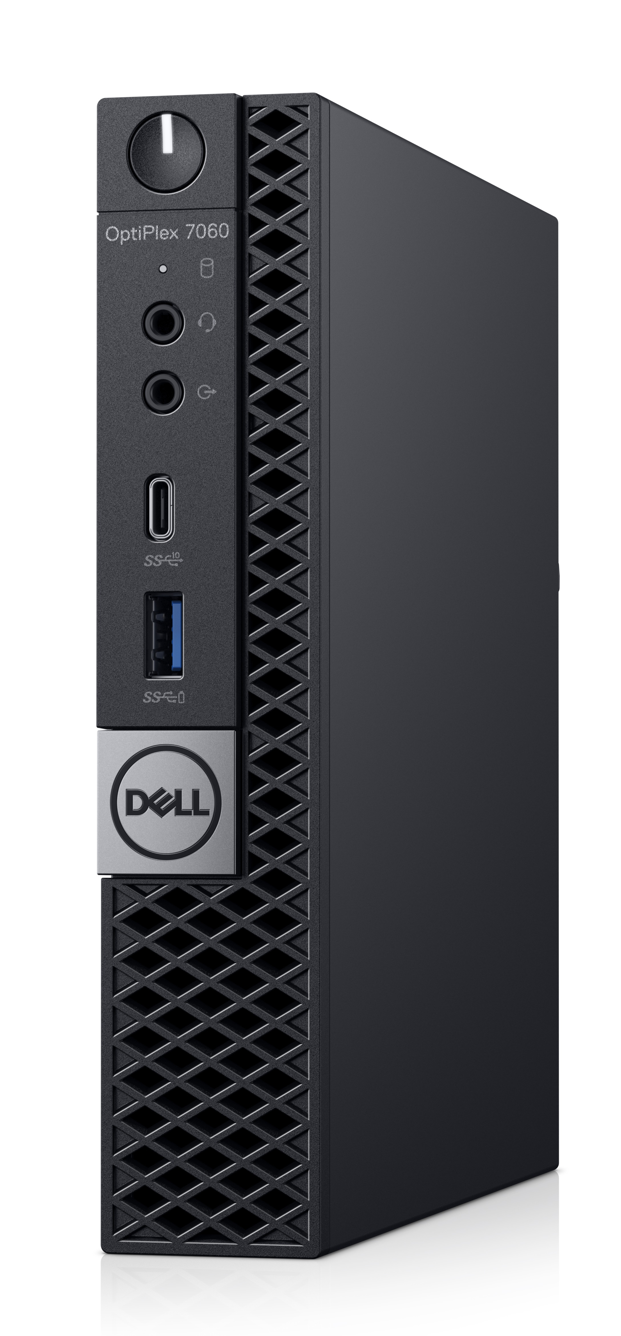 Schwarzer und grauer Dell OptiPlex 7060 Mini-PC. Weißer Hintergrund.