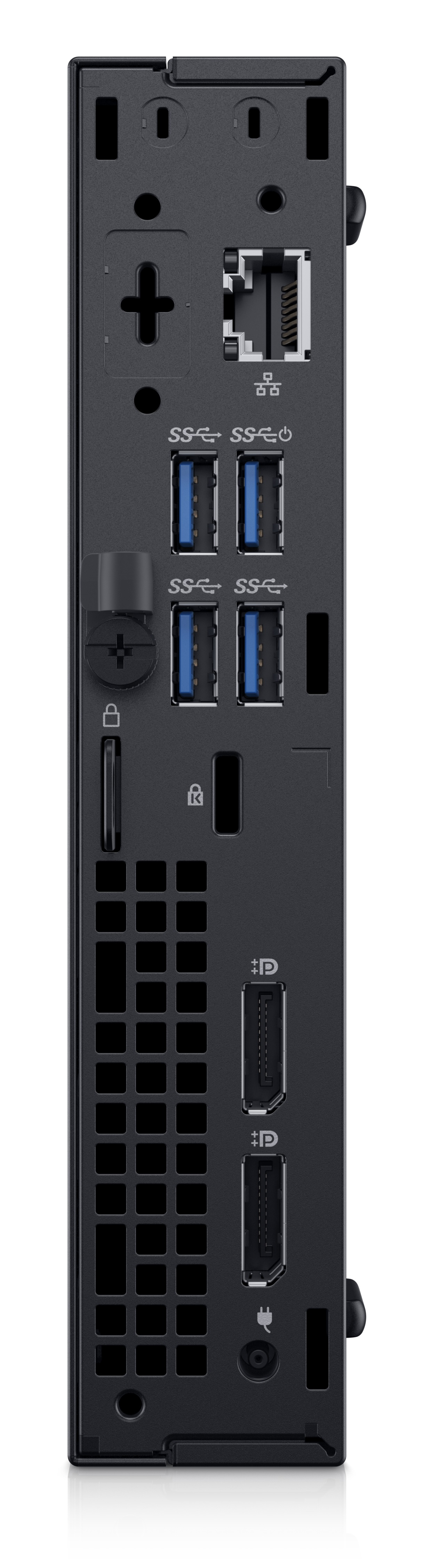 Schwarzes Computer-Rückpanel mit Anschlüssen und Steckern.
