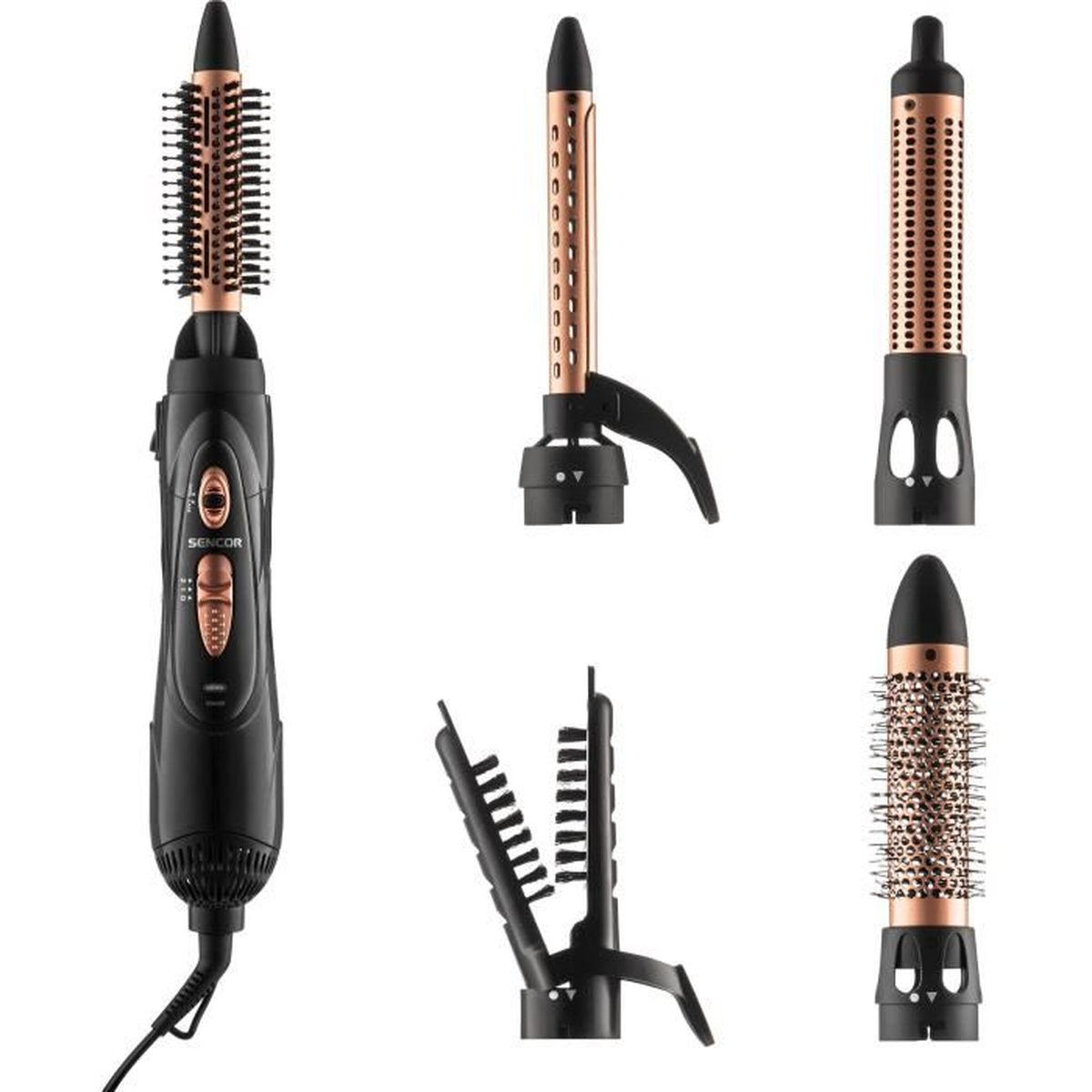 Haarstyler mit mehreren Aufsätzen. Schwarz und Bronze. Verschiedene Bürsten und Lockenstabköpfe sind sichtbar.