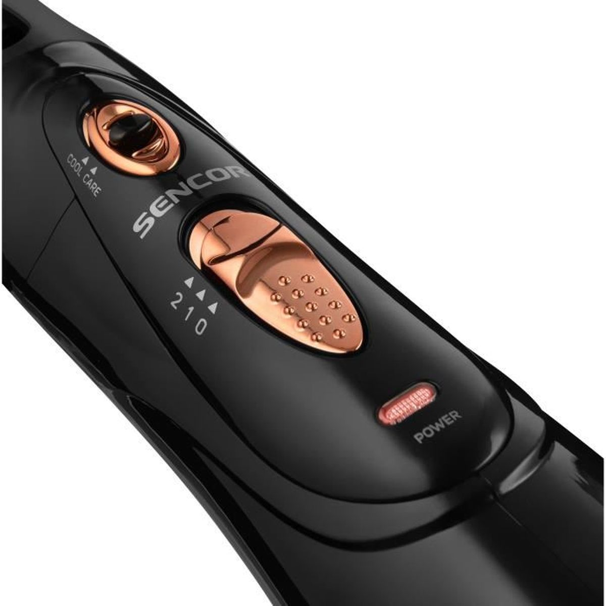 Ein schwarzes Haarstyling-Tool. Es hat Tasten für Kühlpflege und Heizeinstellungen. Der Einschaltknopf ist rot.