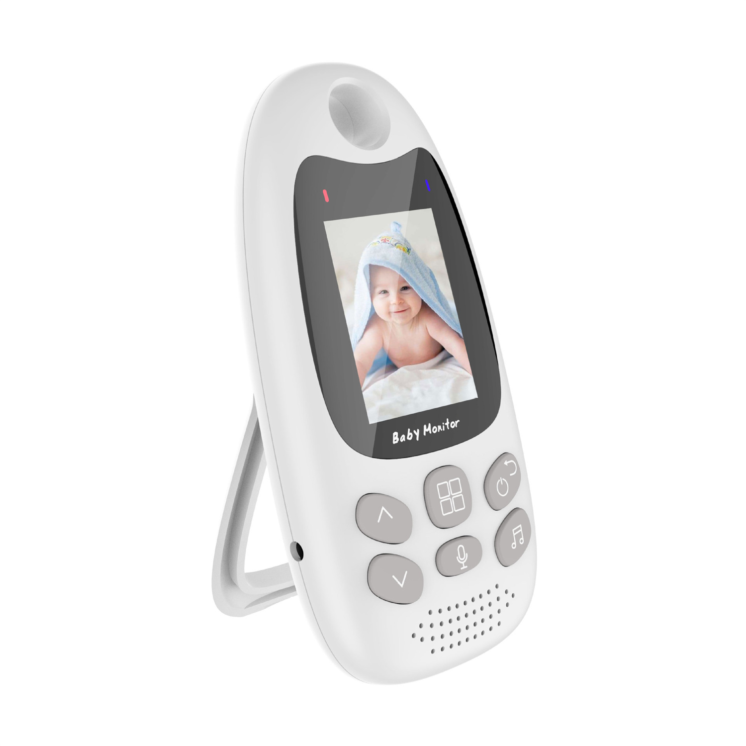 Weißer Babyphone mit Baby auf dem Bildschirm. Graue Knöpfe. Weißer Hintergrund.