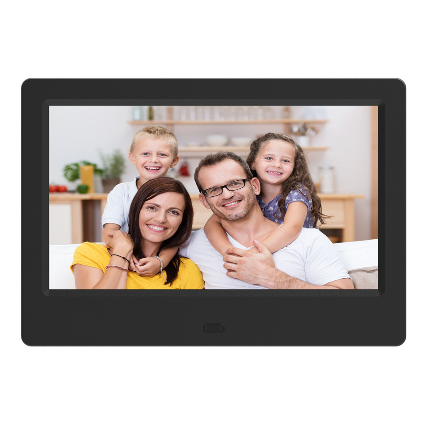 Ein digitaler Fotorahmen, der ein Familienporträt eines lächelnden Paares und zweier Kinder zeigt.