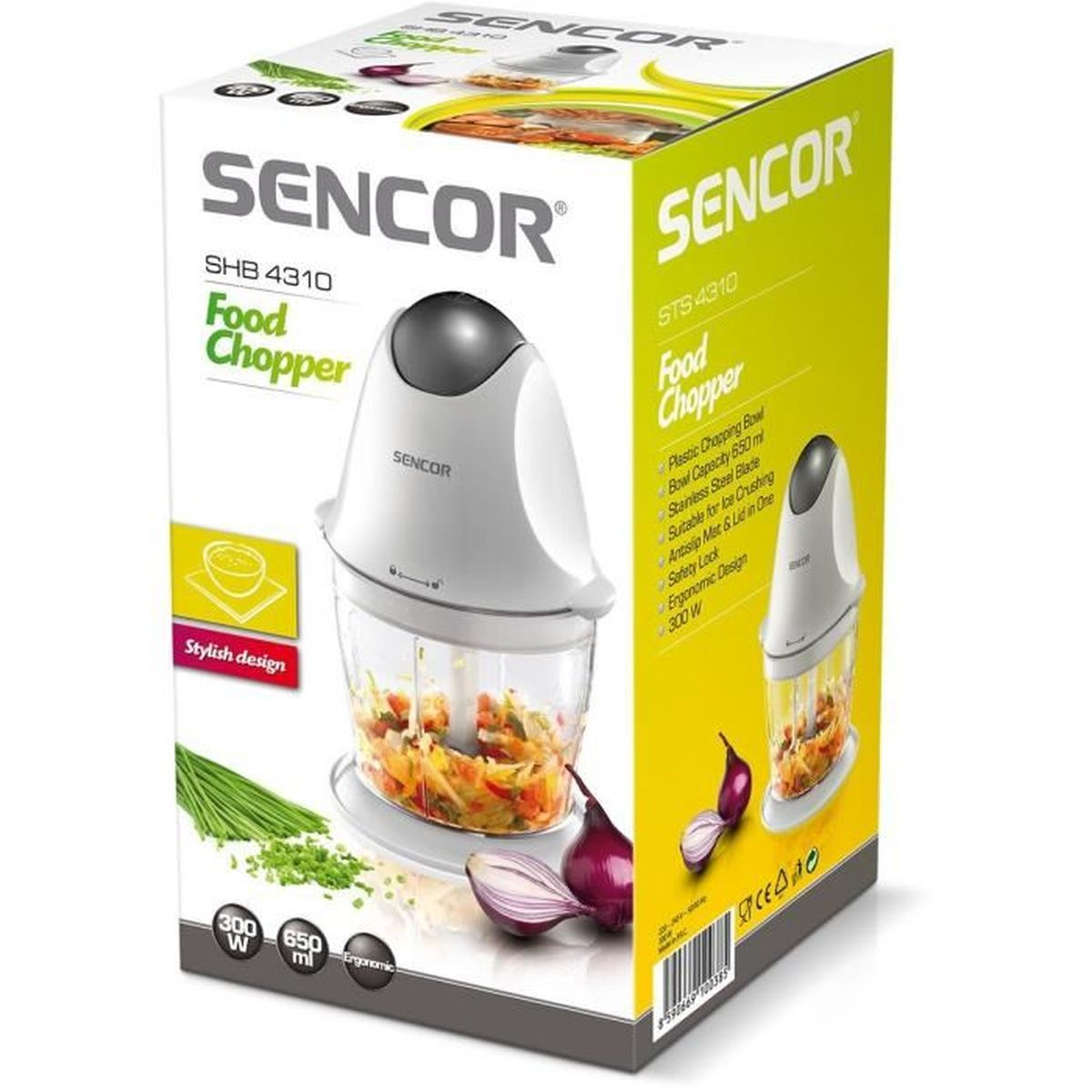 Eine weiße Sencor-Lebensmittelzerkleinerer-Box. Die Box zeigt den Zerkleinerer und seine Funktionen.
