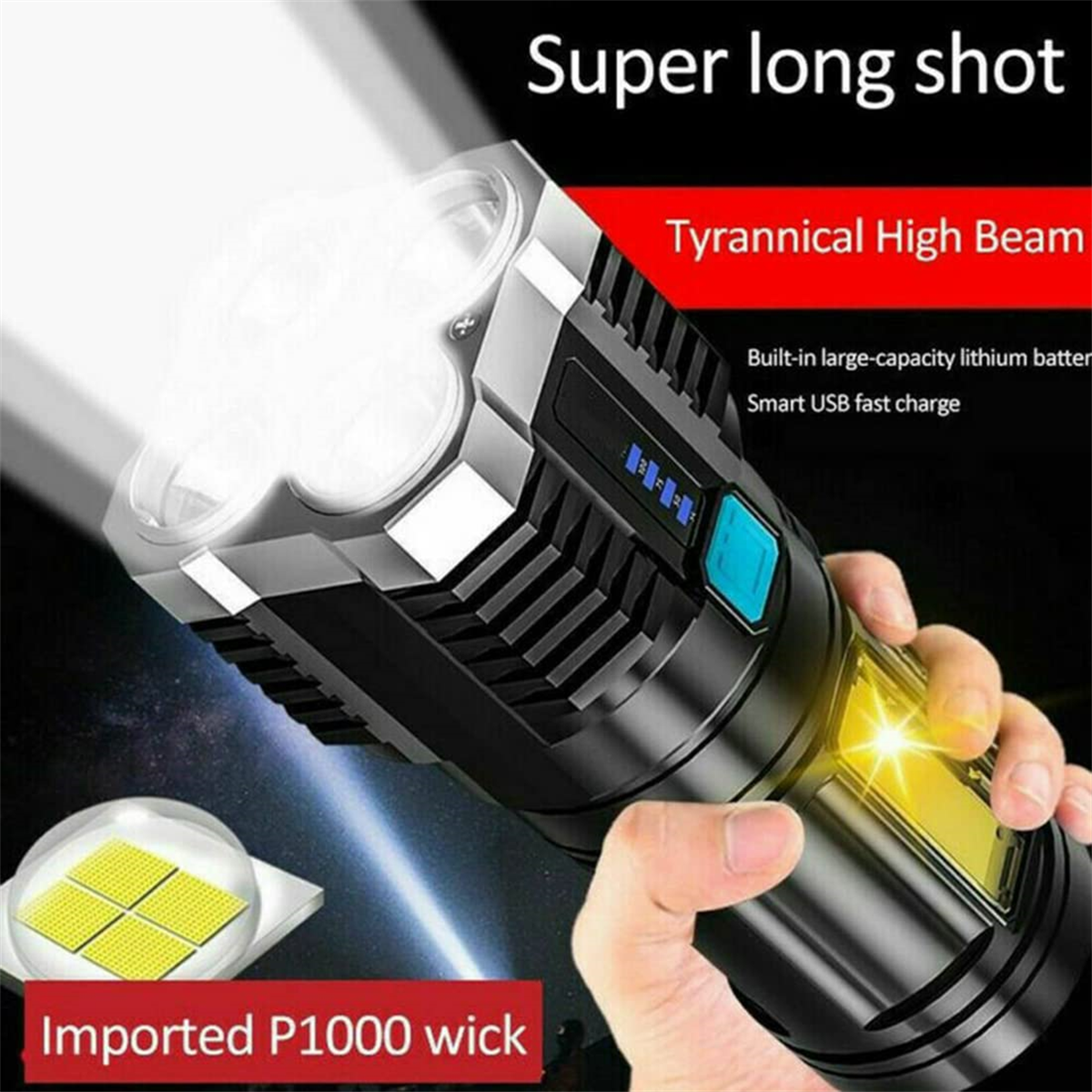 Eine schwarze und silberne Taschenlampe mit hellem Lichtstrahl und Text mit der Aufschrift 'Super long shot' und 'Tyrannical High Beam'.