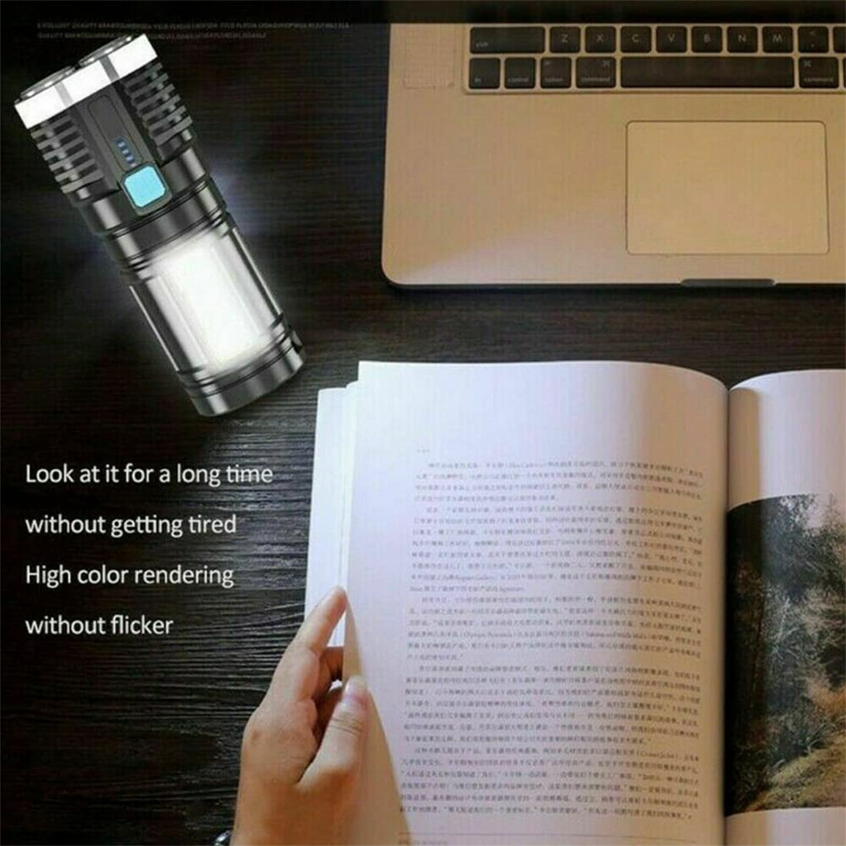 Taschenlampe leuchtet auf offenem Buch, Text über Vermeidung von Augenbelastung.