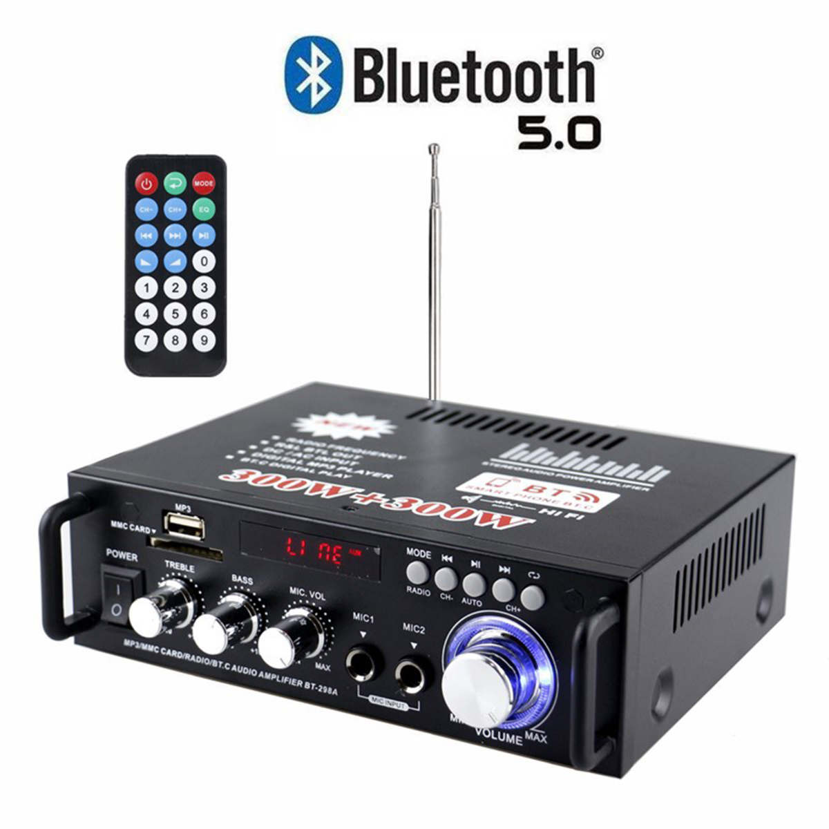 Schwarzer Audioverstärker mit Fernbedienung, Bluetooth 5.0 und Knöpfen.