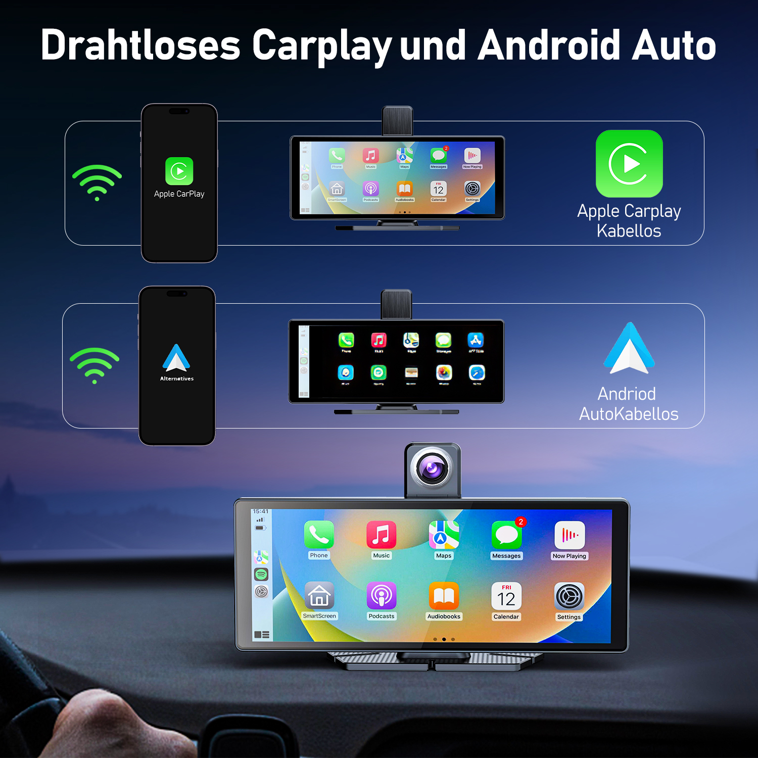 Carplay- und Android Auto-Optionen, Telefon- und Bildschirmanzeigen.