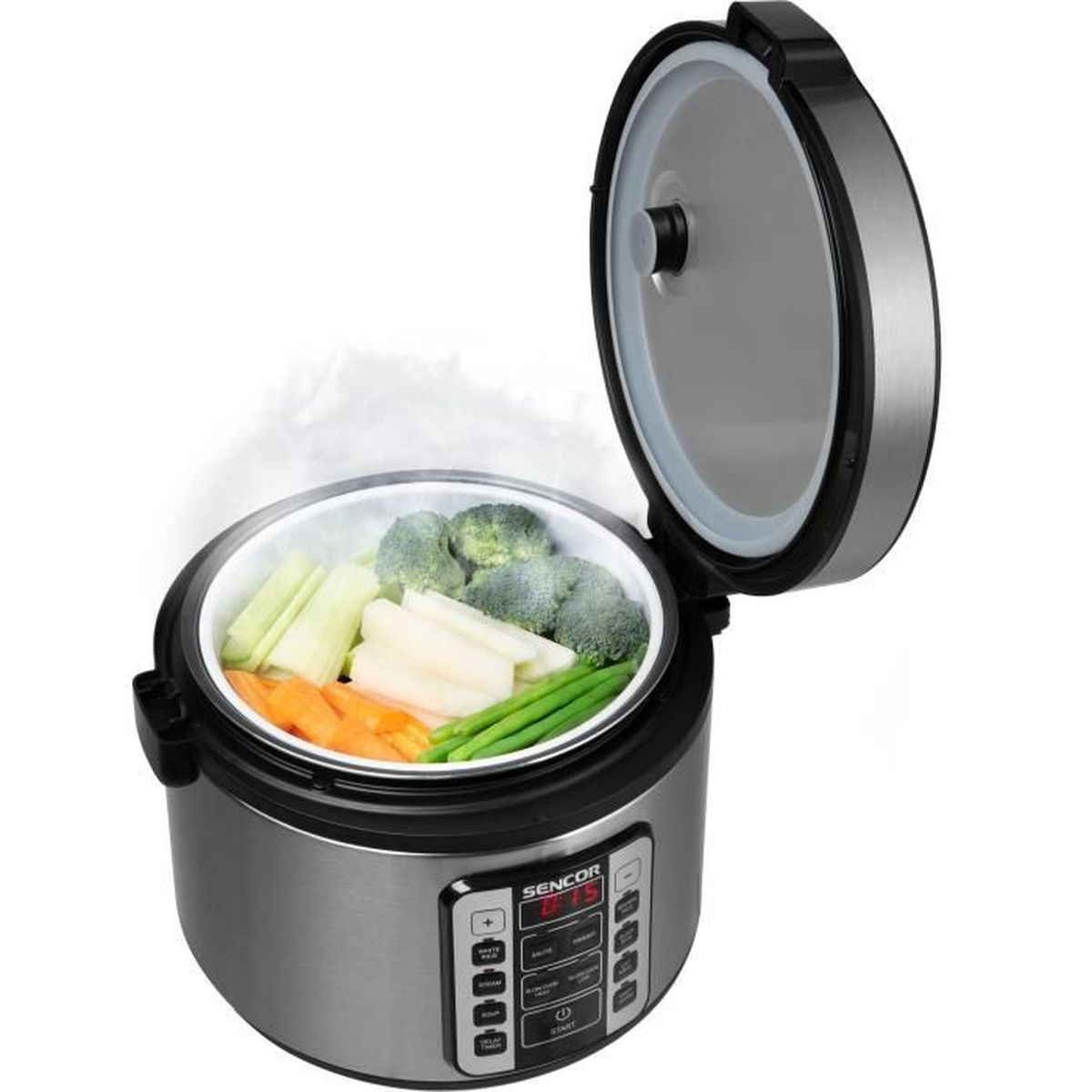 Elektrischer Dampfgarer in Silber und Schwarz mit Gemüse, Deckel offen.