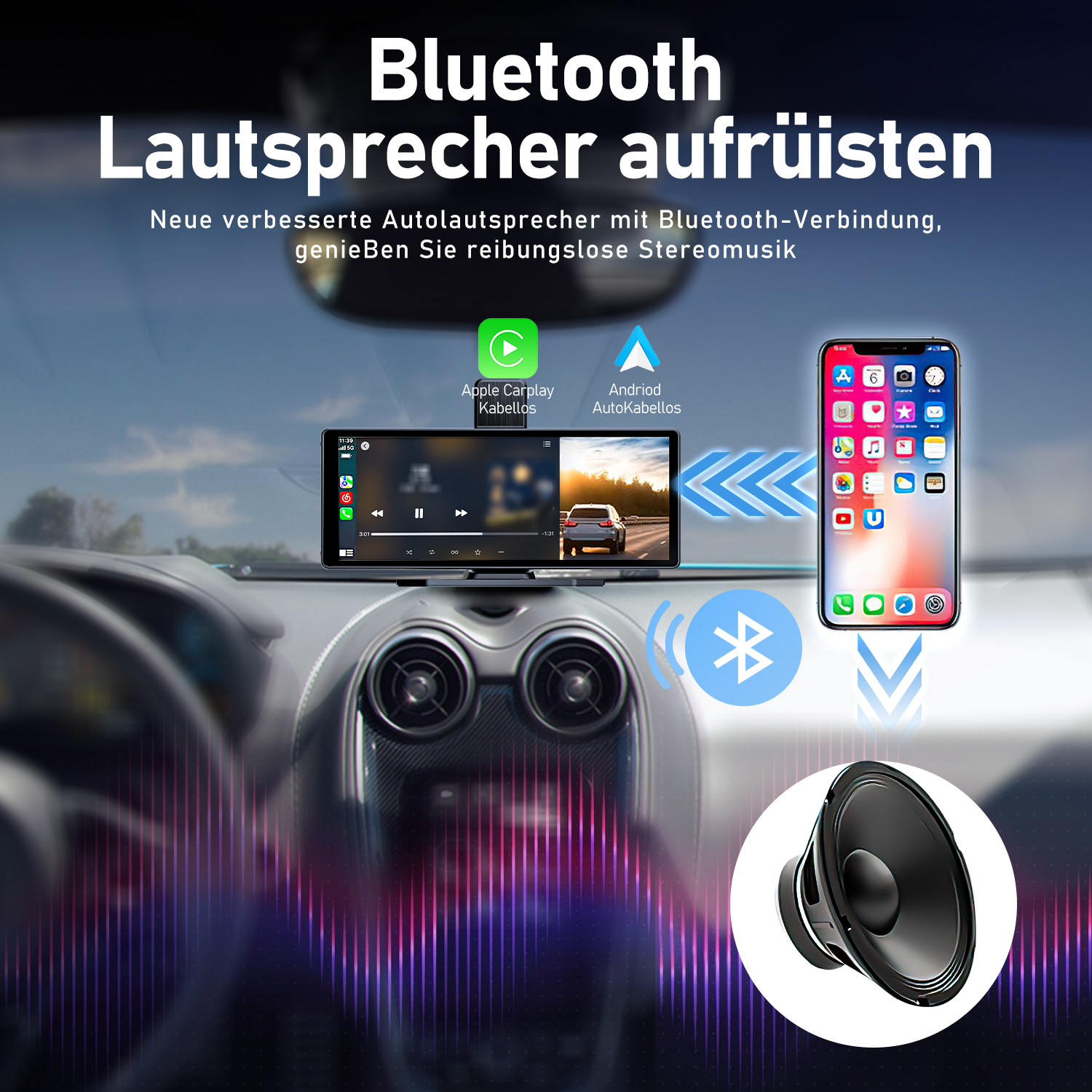 Armaturenbrett mit Bildschirm, Telefon und Lautsprecher mit Bluetooth-Symbolen.
