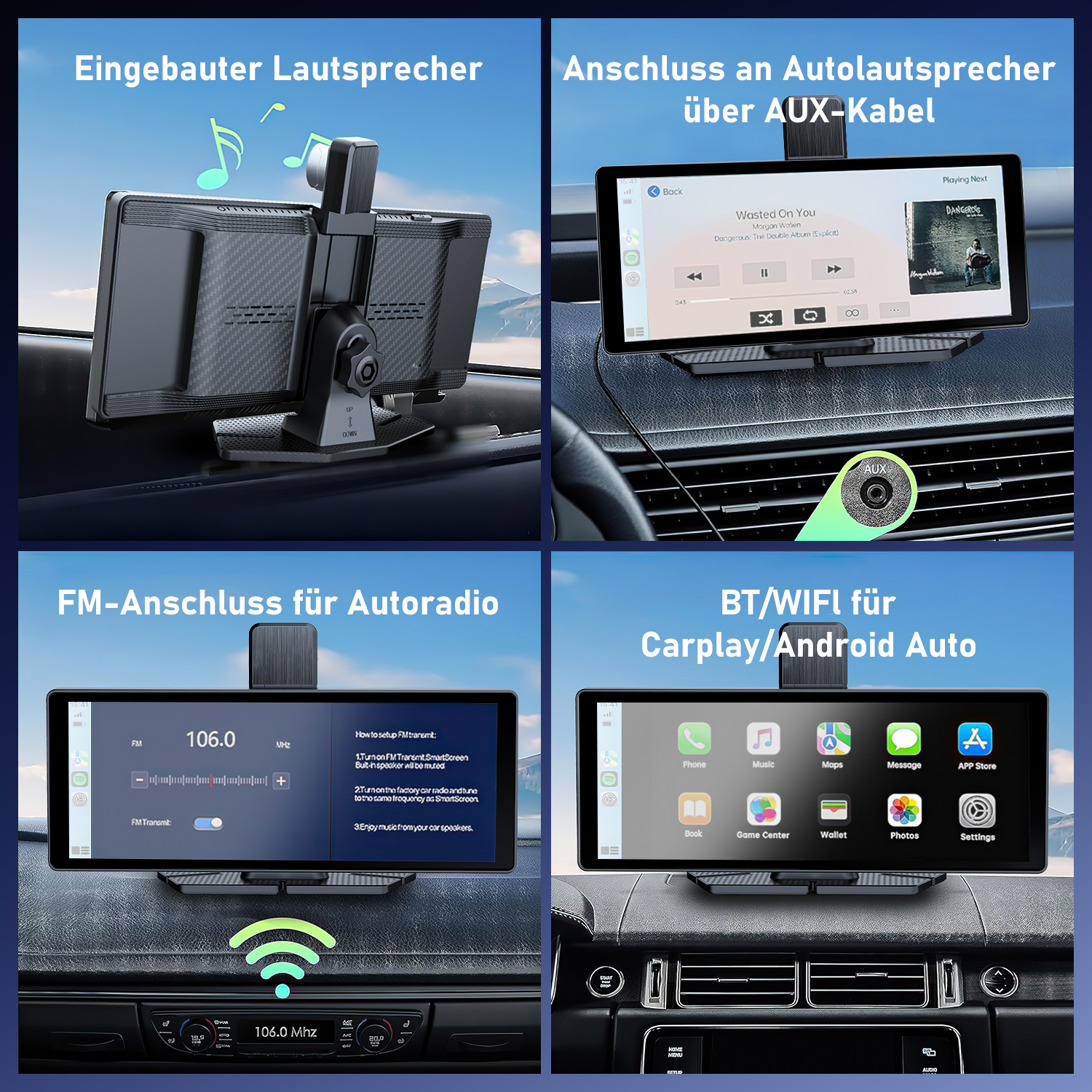 Vier Bilder, die Funktionen des Auto-Audiosystems zeigen: Lautsprecher, AUX-Anschluss, UKW-Radio und CarPlay/Android Auto.