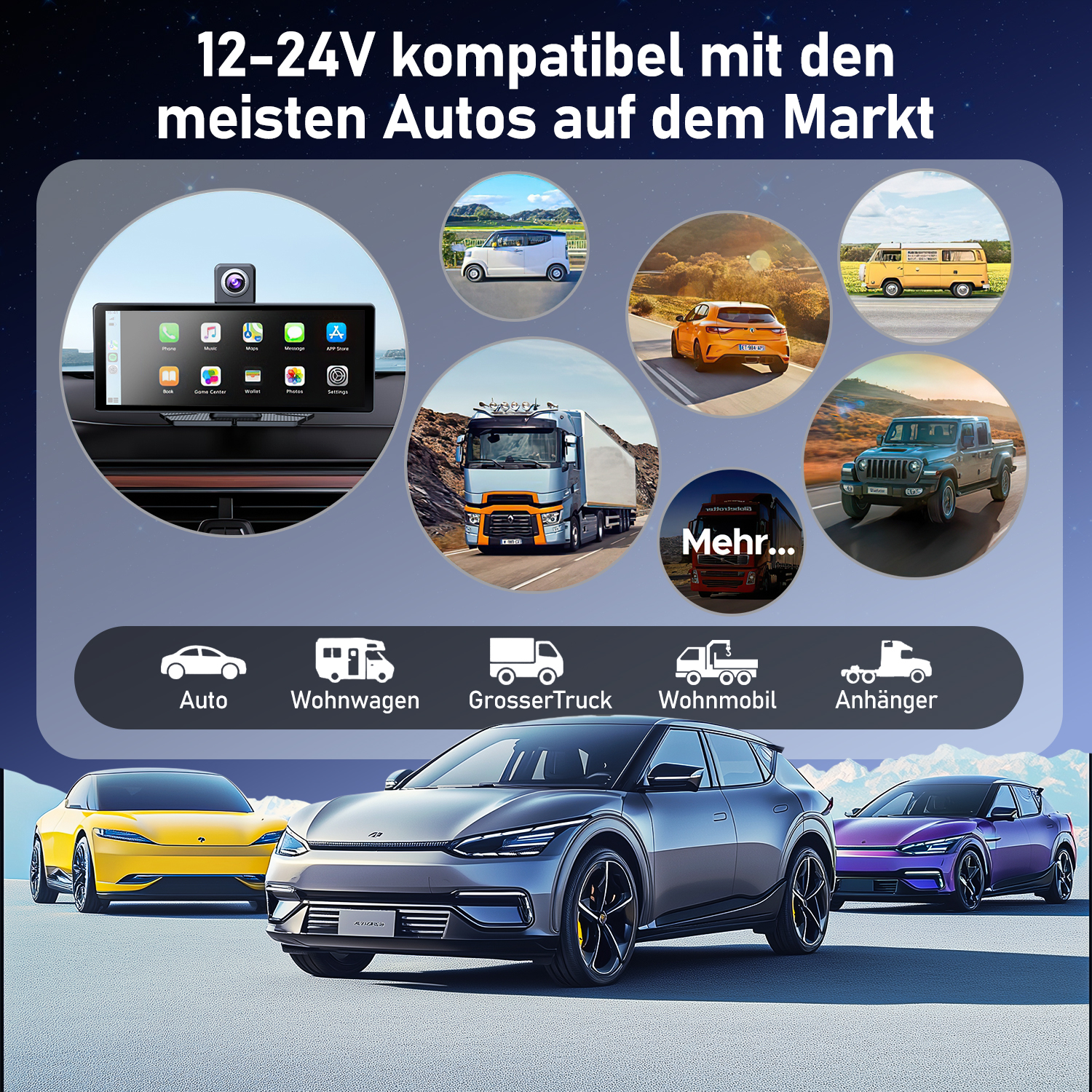 Bildschirm der Auto-Navigation und verschiedene Autos. Der Bildschirm zeigt eine Kameraansicht.