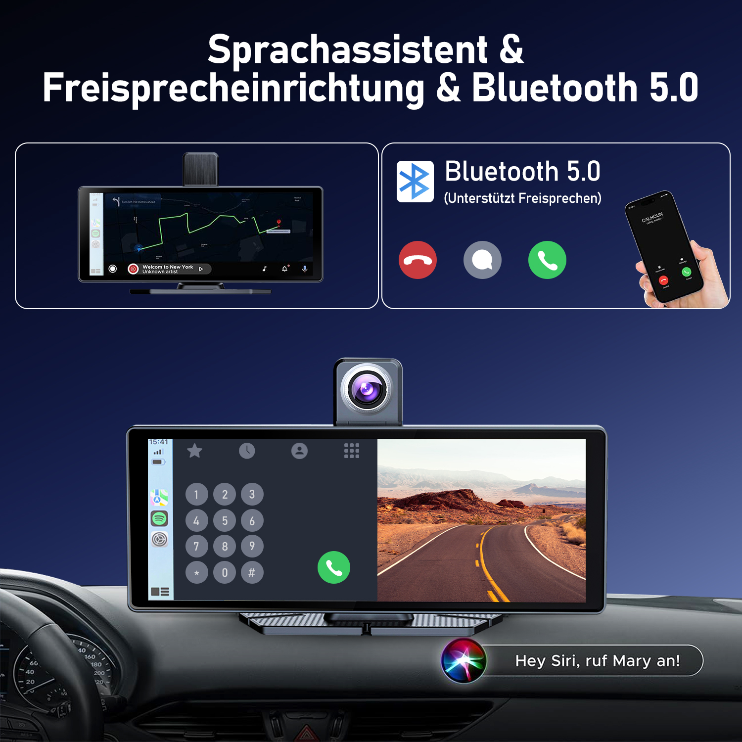 Armaturenbrett mit Bildschirm und Smartphone rechts. Schwarzer Innenraum. Textüberlagerung.