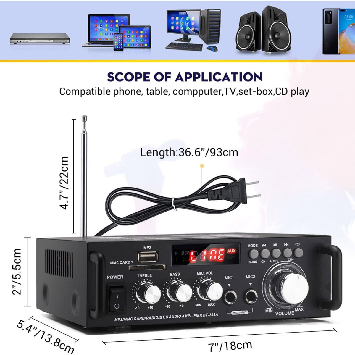 Schwarzer Audioverstärker mit Knöpfen und USB-Anschluss, mit Abmessungen und Diagramm.