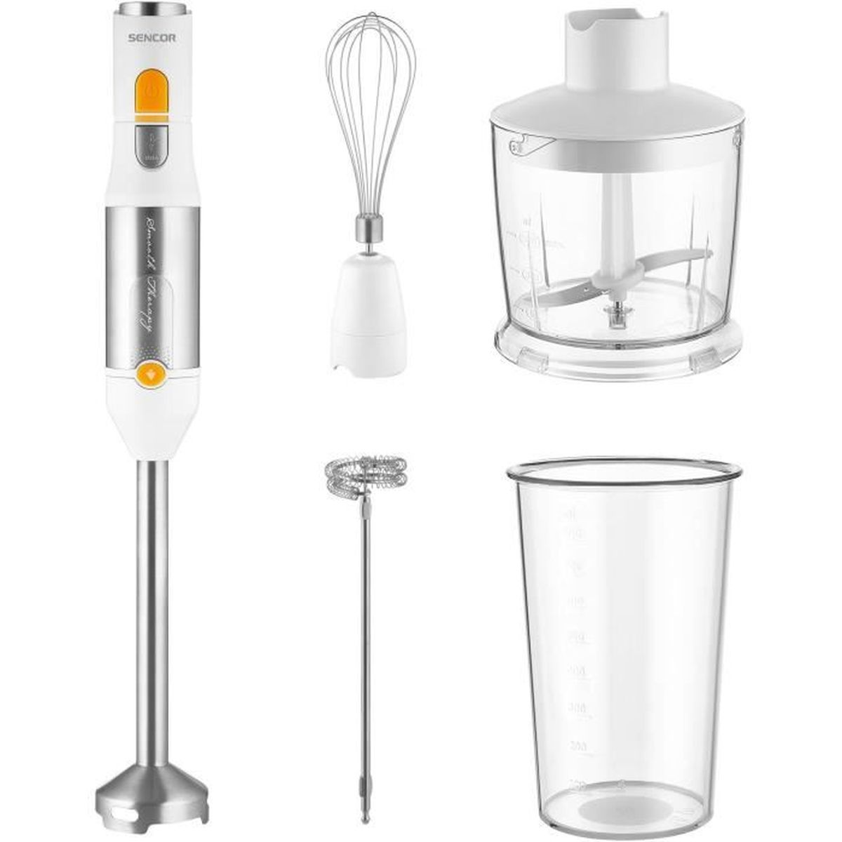 Un frullatore a immersione bianco e argento con più accessori: frusta, montalatte, lama e tazza.