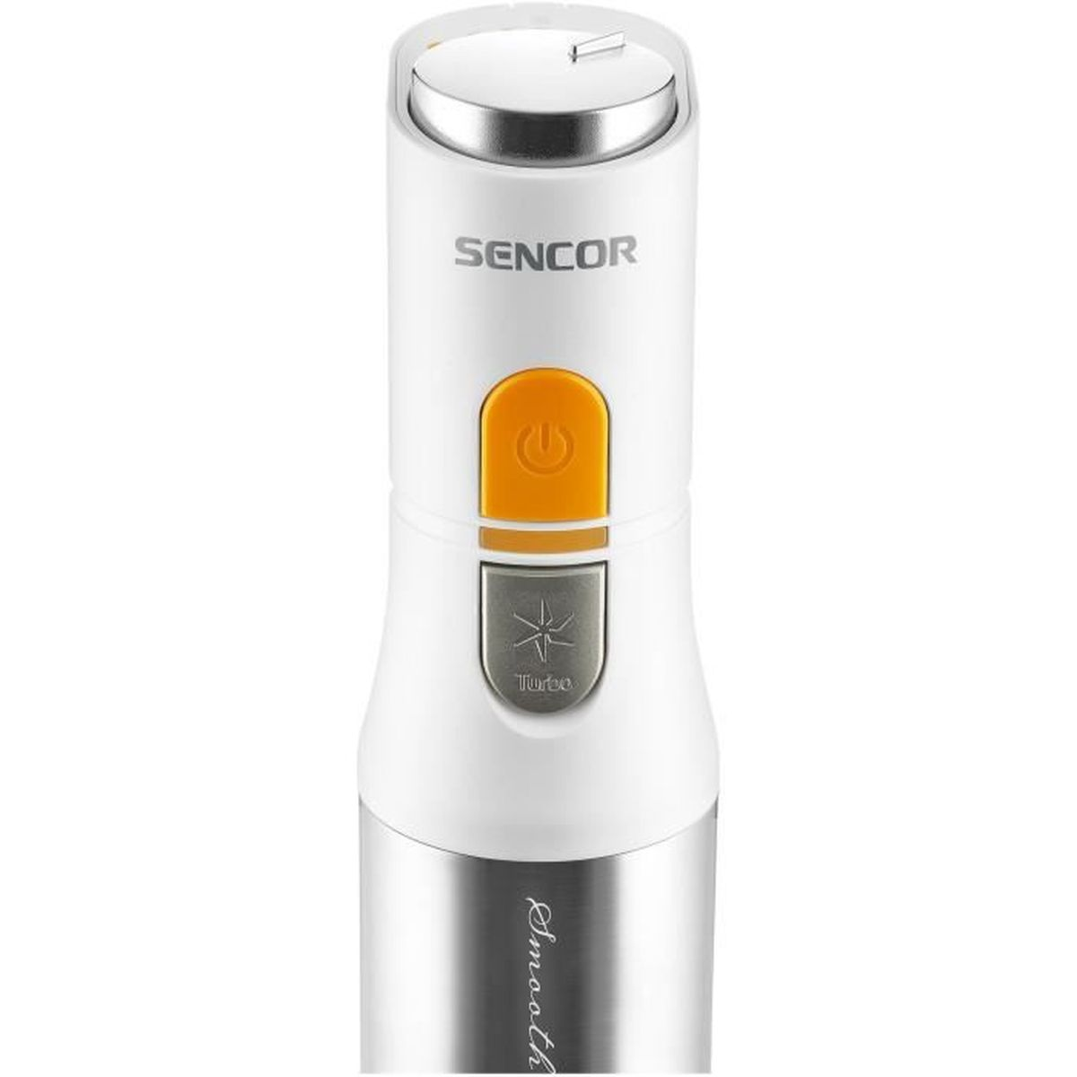 Frullatore a immersione bianco con base argentata e pulsante di accensione arancione. Pulsante turbo e testo laterale.
