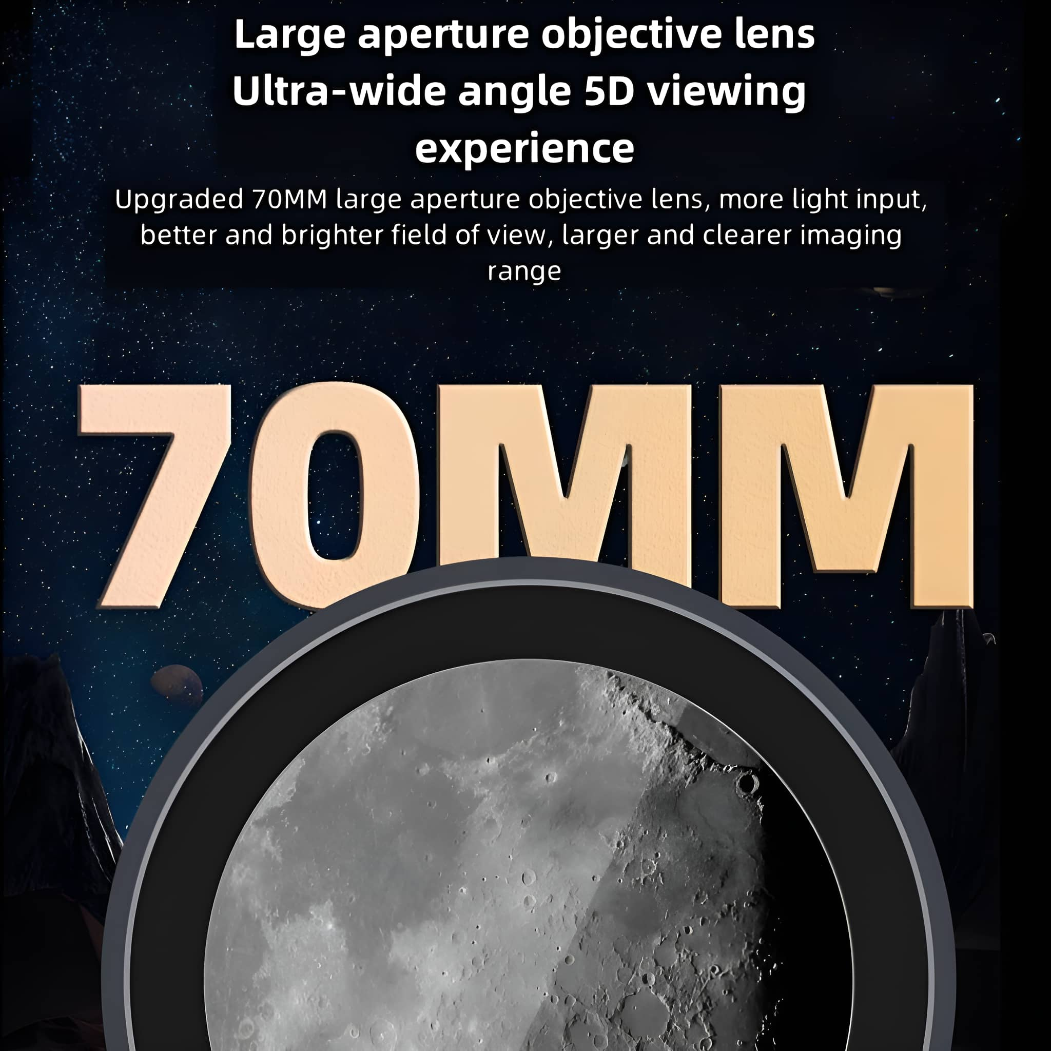 Ein Blick auf den Mond durch ein Teleskop. Die Zahl 70MM ist deutlich sichtbar. Text beschreibt die Linse.