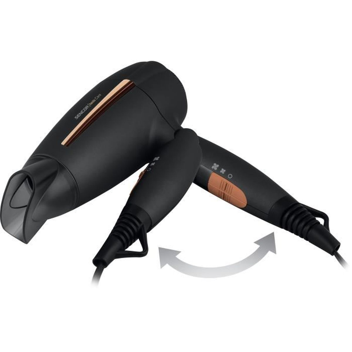 Black and brown hairdryer with a foldable handle.  Arrows indicate handle movement.
