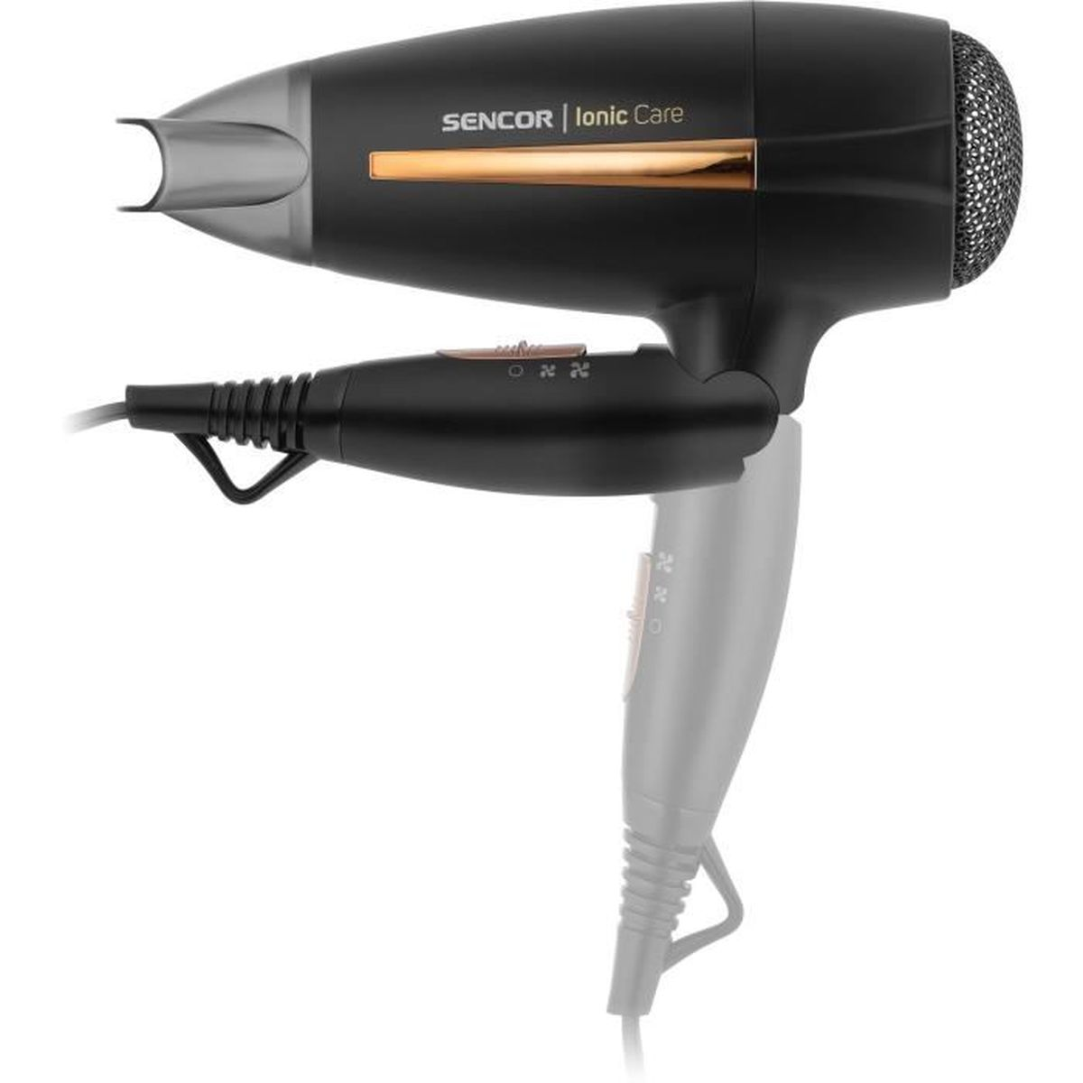 Black hair dryer, side view. SENCOR brand, with gold accents. White background, reflection below.