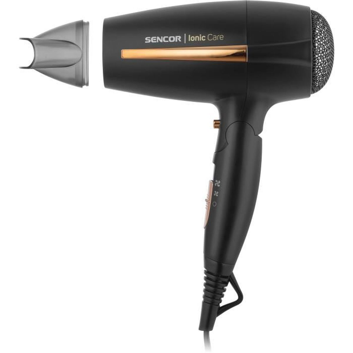 Black and gold hair dryer with attachments, with SENCOR | Ionic Care text, isolated on white.