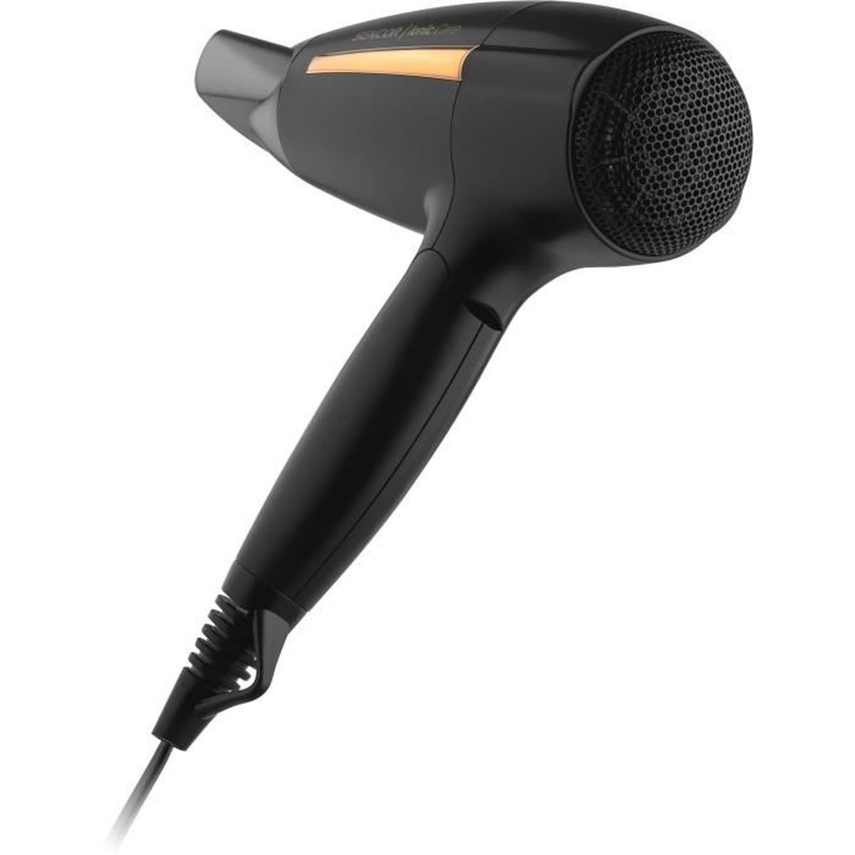 Black hair dryer with orange accents. On a white background.