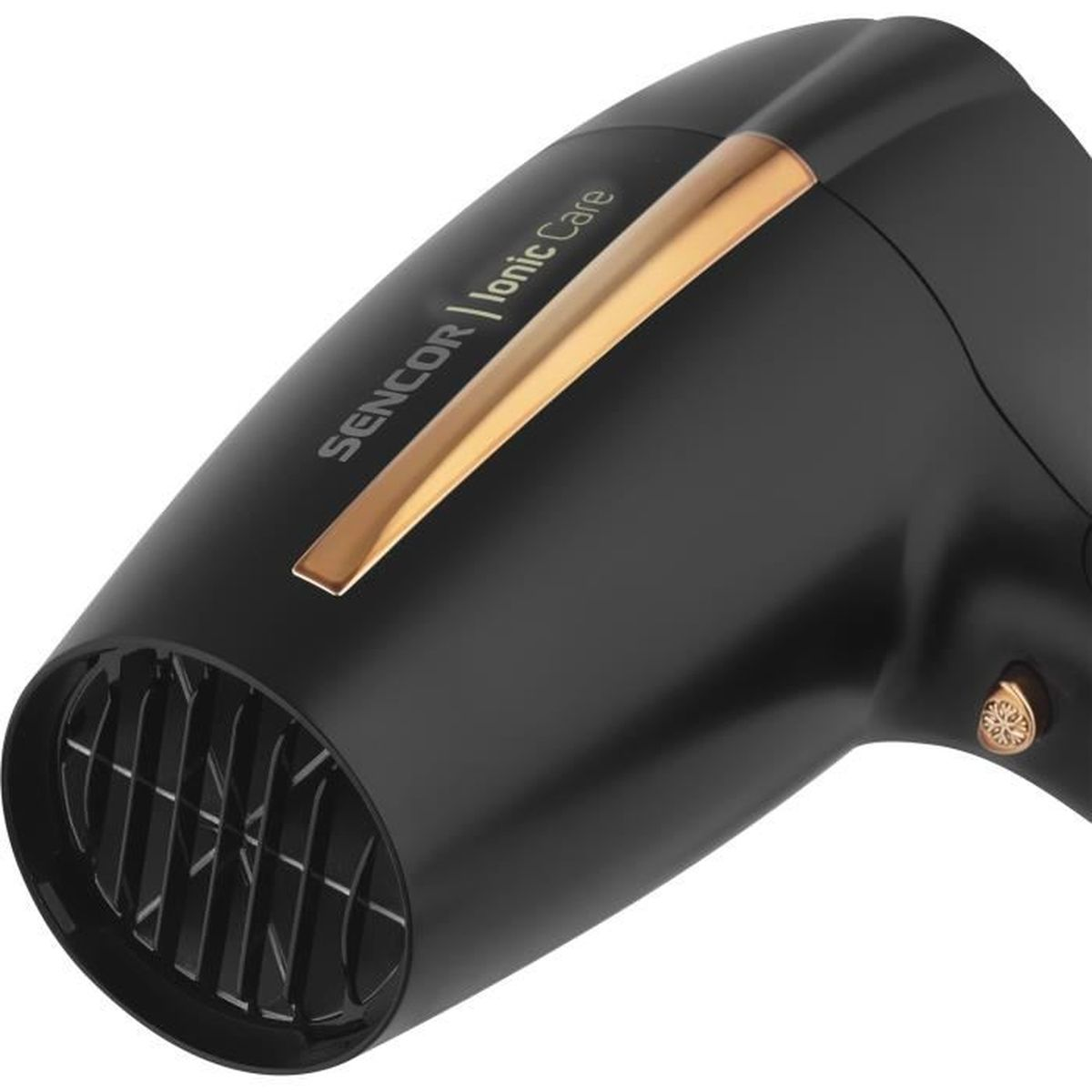 Black and gold hair dryer, angled view.