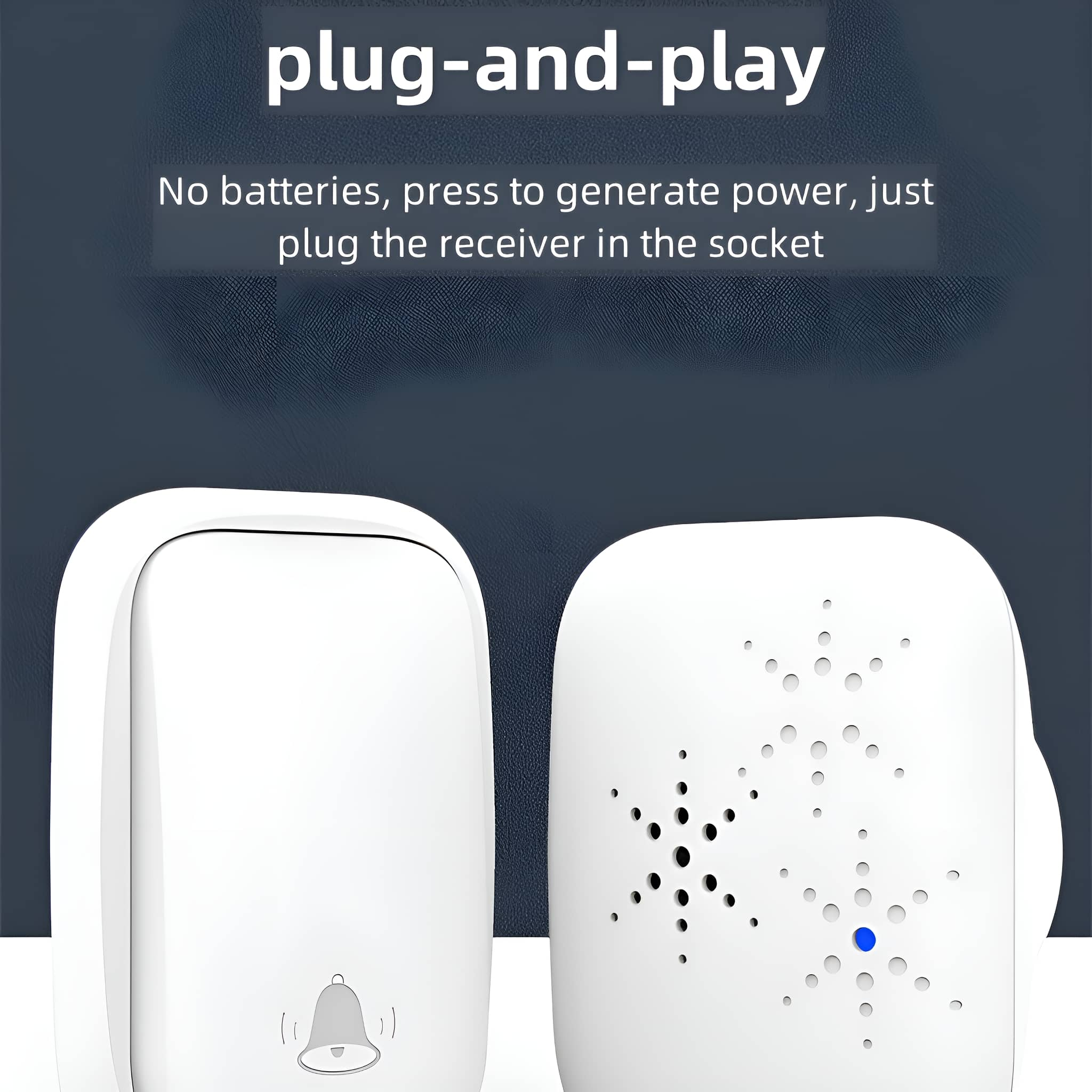 Zwei weiße Türklingeln mit dem Text 'plug-and-play'. Eines hat ein blaues Licht.