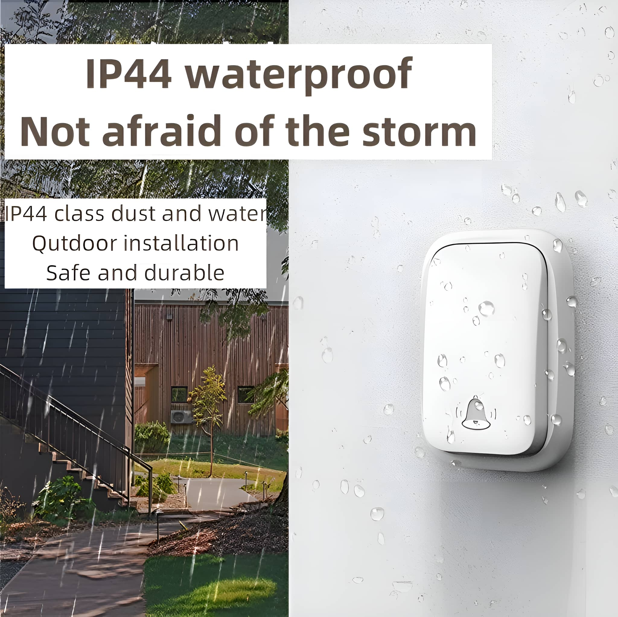 Eine weiße, kabellose Türklingel an einer weißen Wand. Es regnet. Text: IP44 wasserdicht, keine Angst vor dem Sturm.