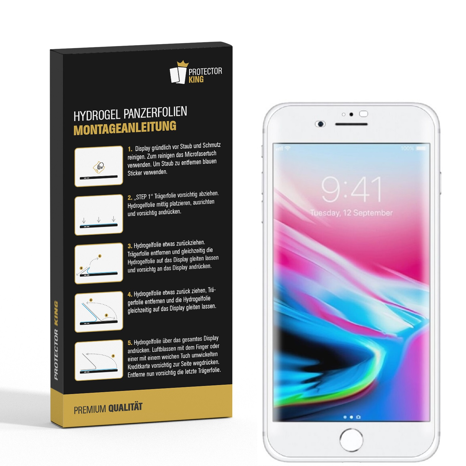 Ein Smartphone mit Displayschutz und Anweisungen auf der linken Seite, auf weißem Hintergrund.