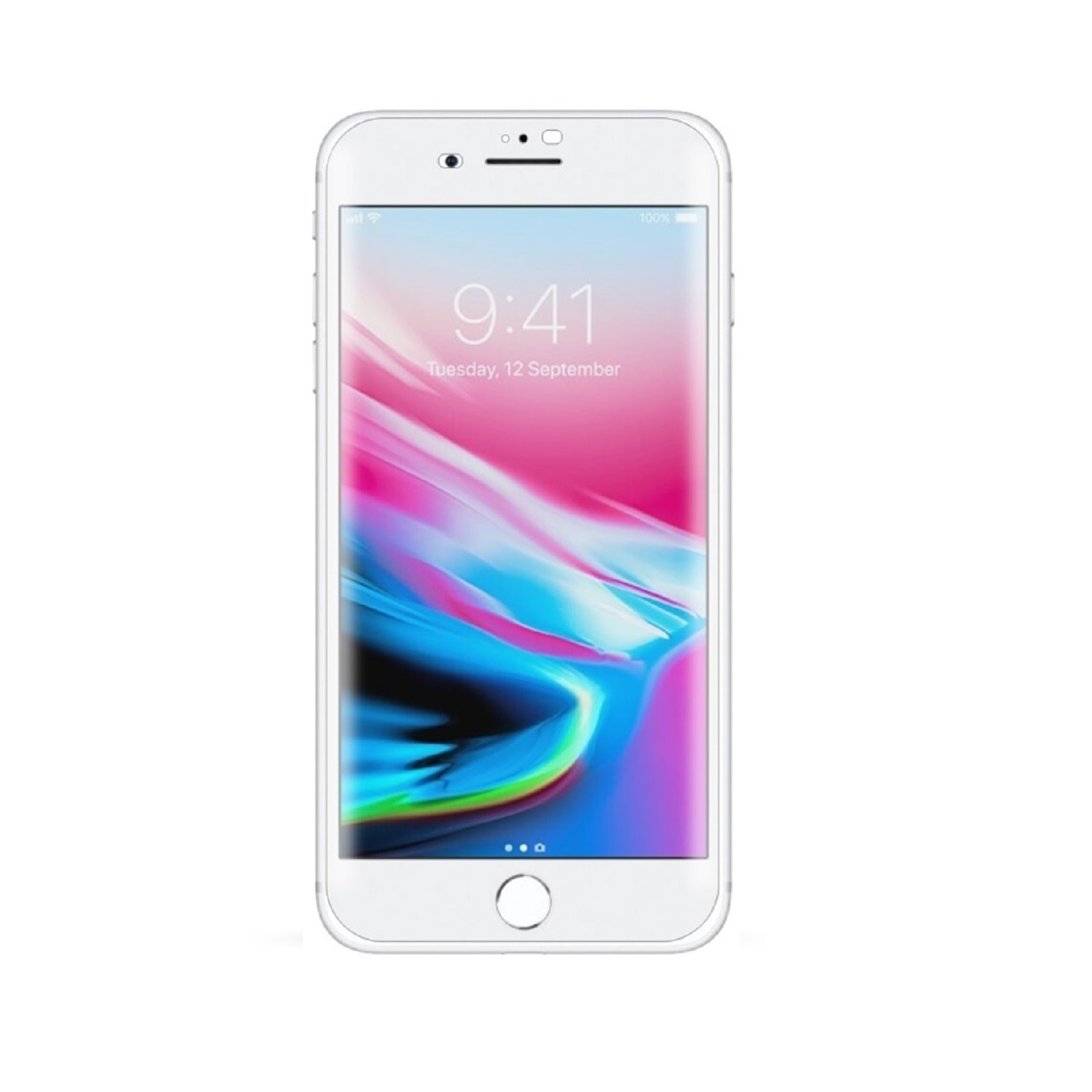 Weißes iPhone mit 9:41 Uhr, Dienstag, 12. September. Der Bildschirm zeigt ein farbenfrohes abstraktes Design.