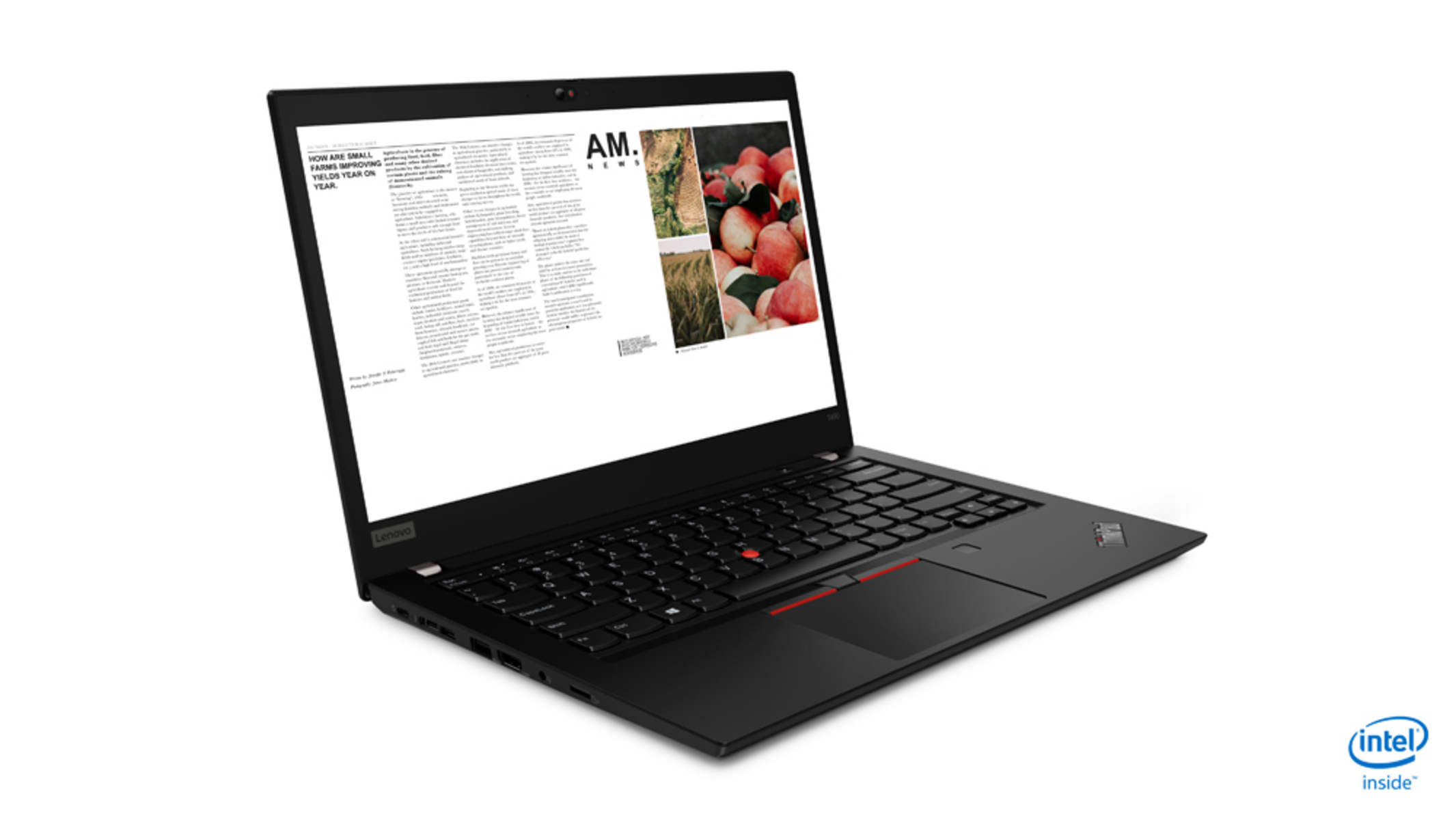 Schwarzer Laptop auf weißem Hintergrund. Bildschirm zeigt Text und Bilder. Intel Inside Logo.
