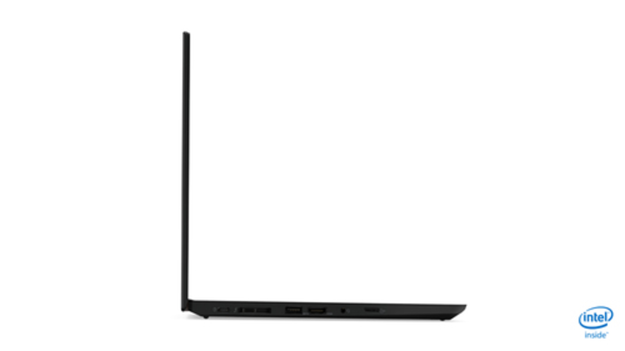 Schwarzes Laptop-Profil. Intel Inside-Aufkleber. Der Laptop ist geschlossen und auf weißer Oberfläche.
