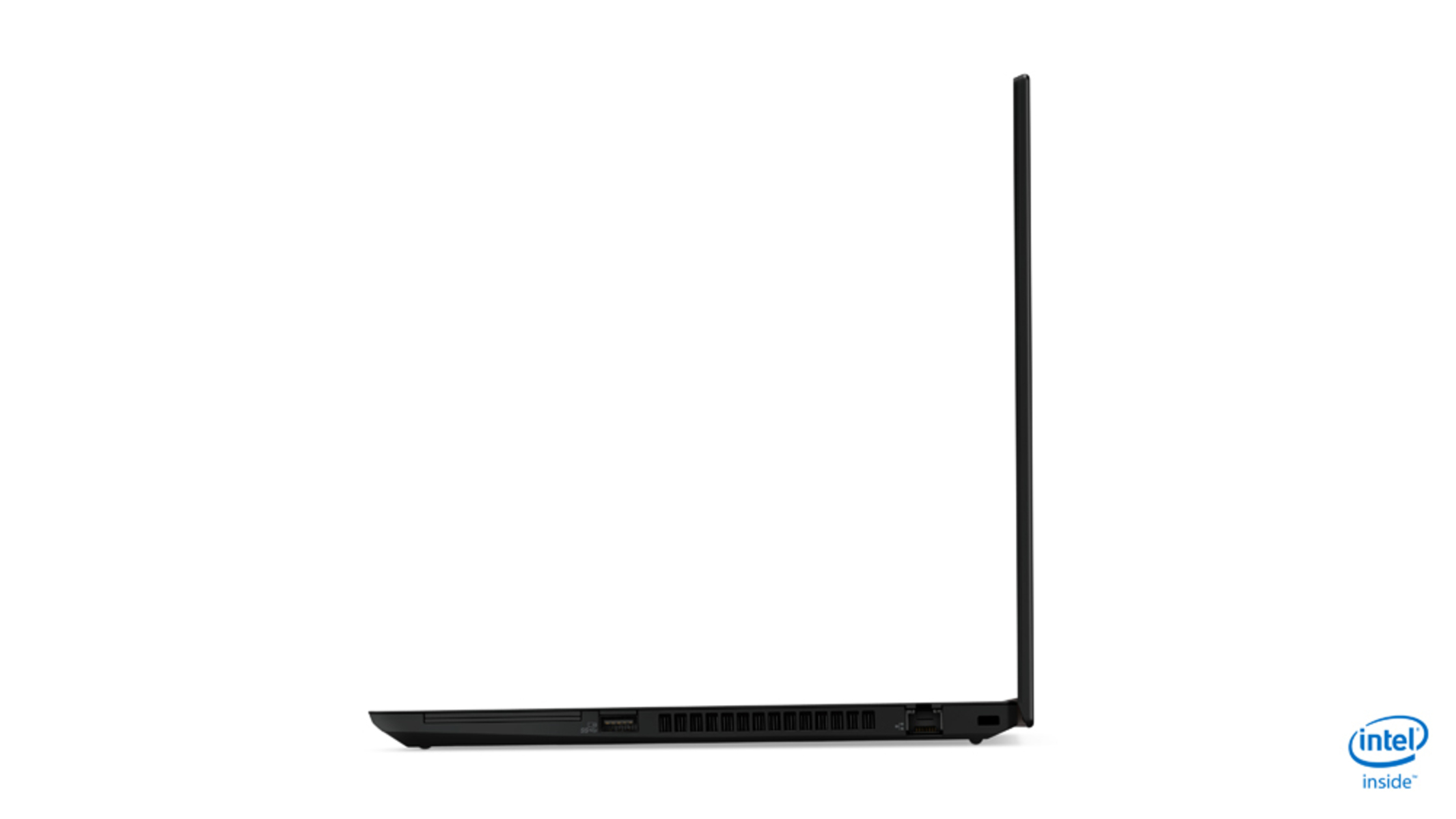 Seitenansicht eines schwarzen Laptops auf weißem Hintergrund, mit den Seitenanschlüssen und dem Intel-Logo.