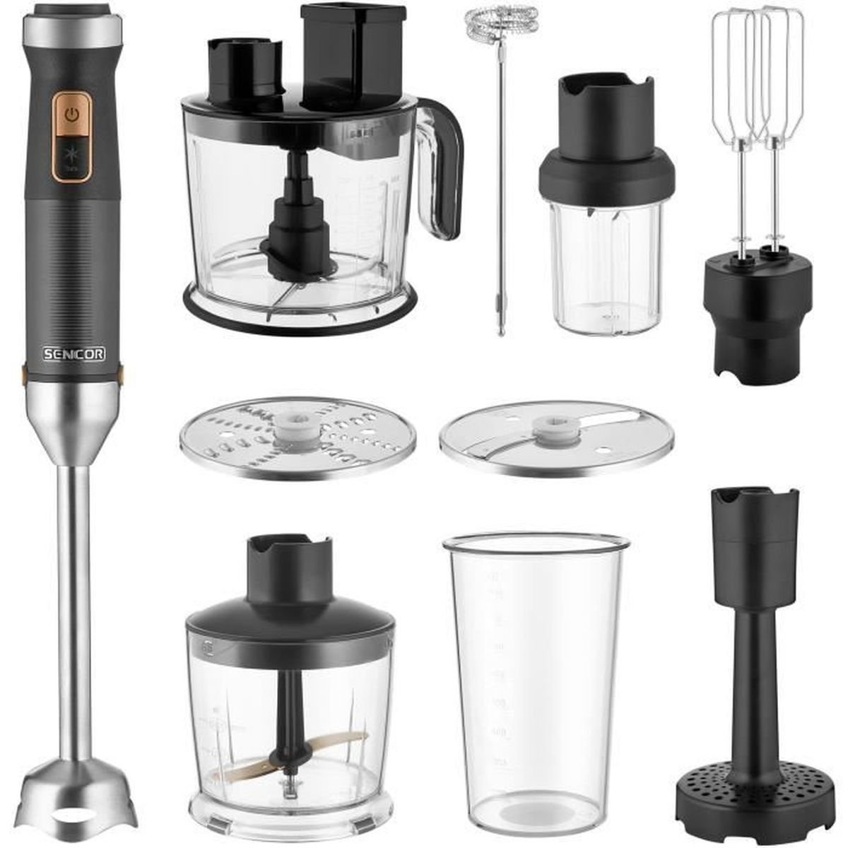 Ein Set mit Mixaufsätzen, darunter ein Handmixer, verschiedene Klingen und ein Messbecher.