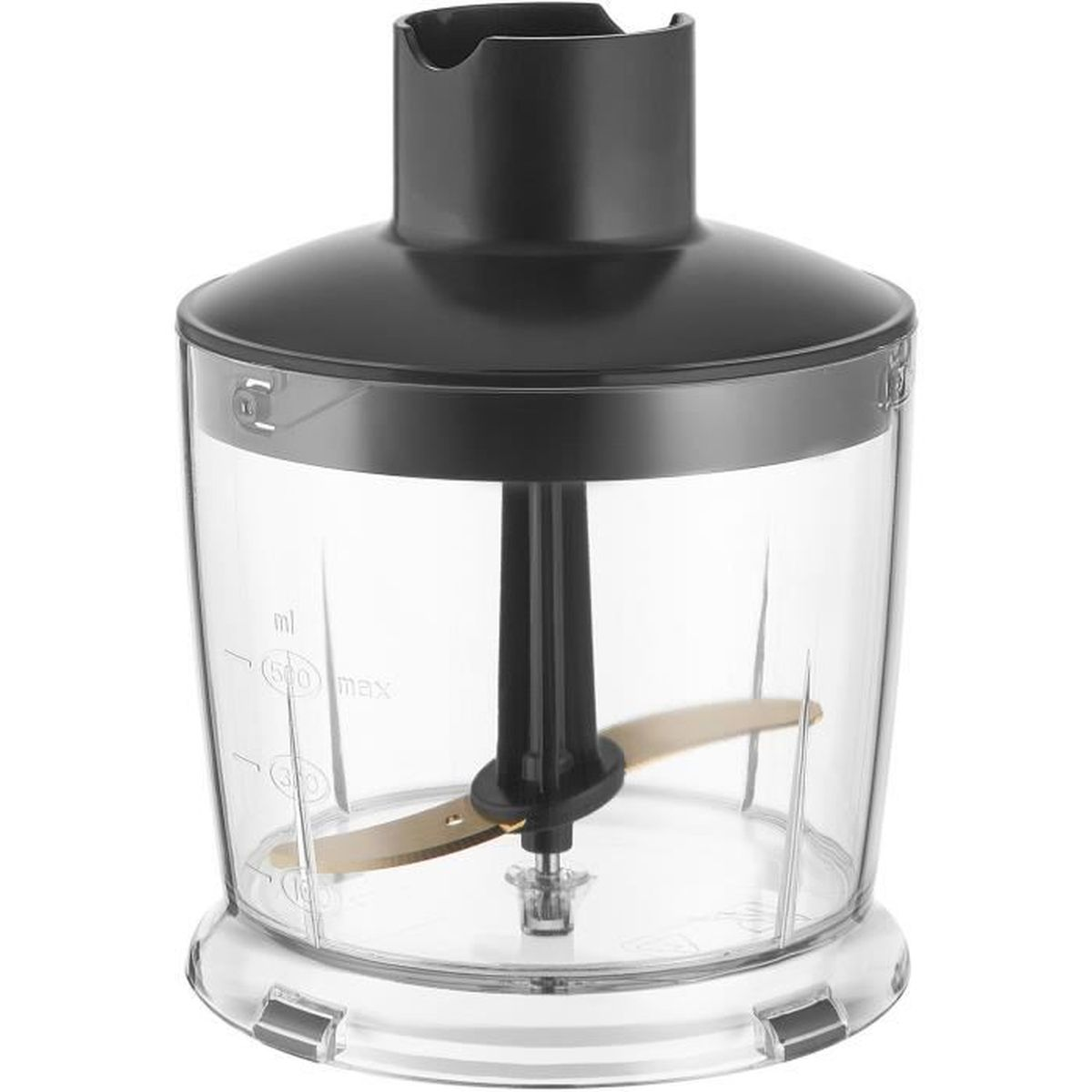 Ein klarer Mixer mit schwarzem Deckel und einer goldenen Klinge im Inneren. Die Basis des Mixers ist ebenfalls klar.