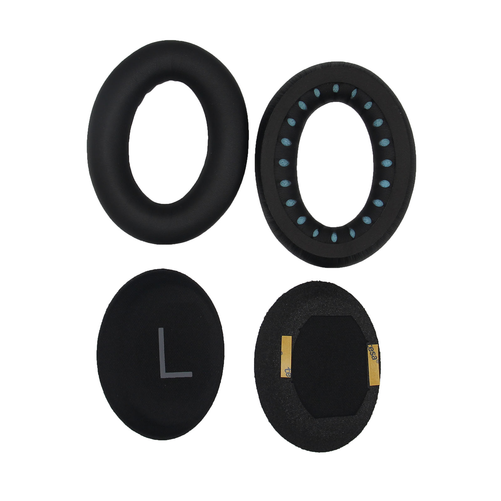 Cztery czarne nauszniki. Dwa są całe, dwa mają widoczną część wewnętrzną.