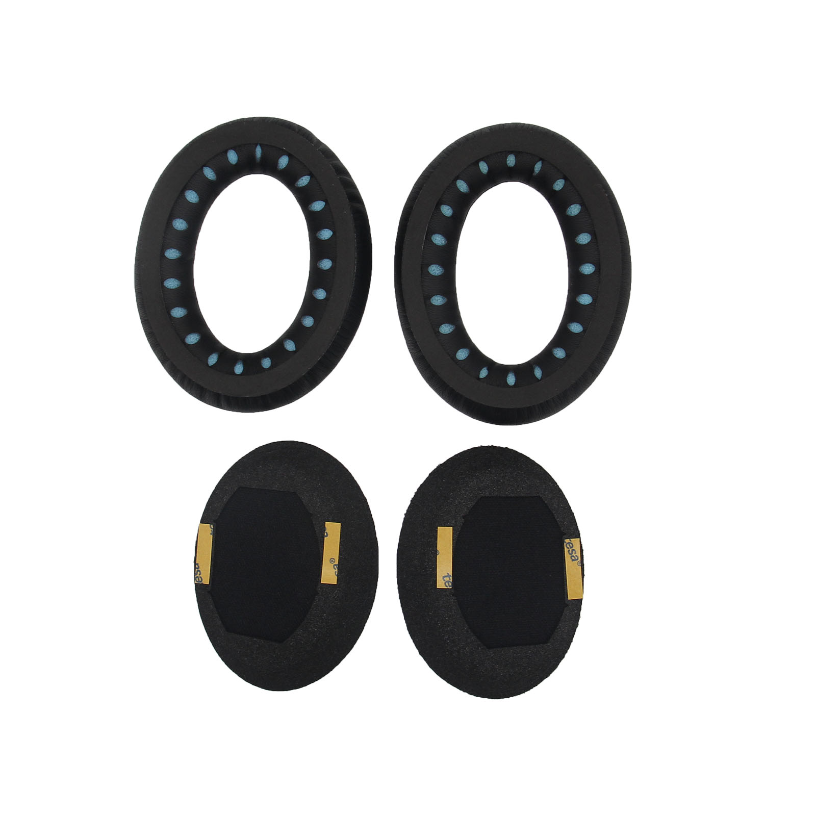 Dwie pary czarnych i niebieskich nauszników. Jedna para na górze, druga na dole.