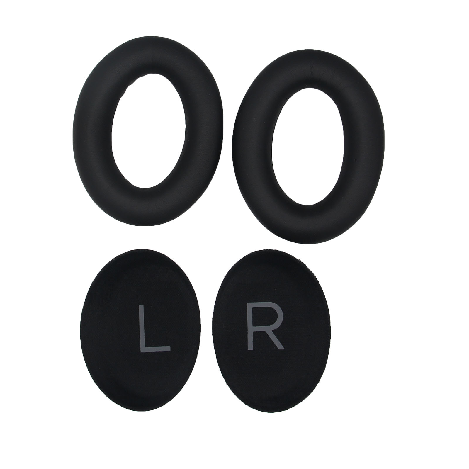 Dwie pary czarnych nauszników i dwie małe czarne osłony z 'L' i 'R'.