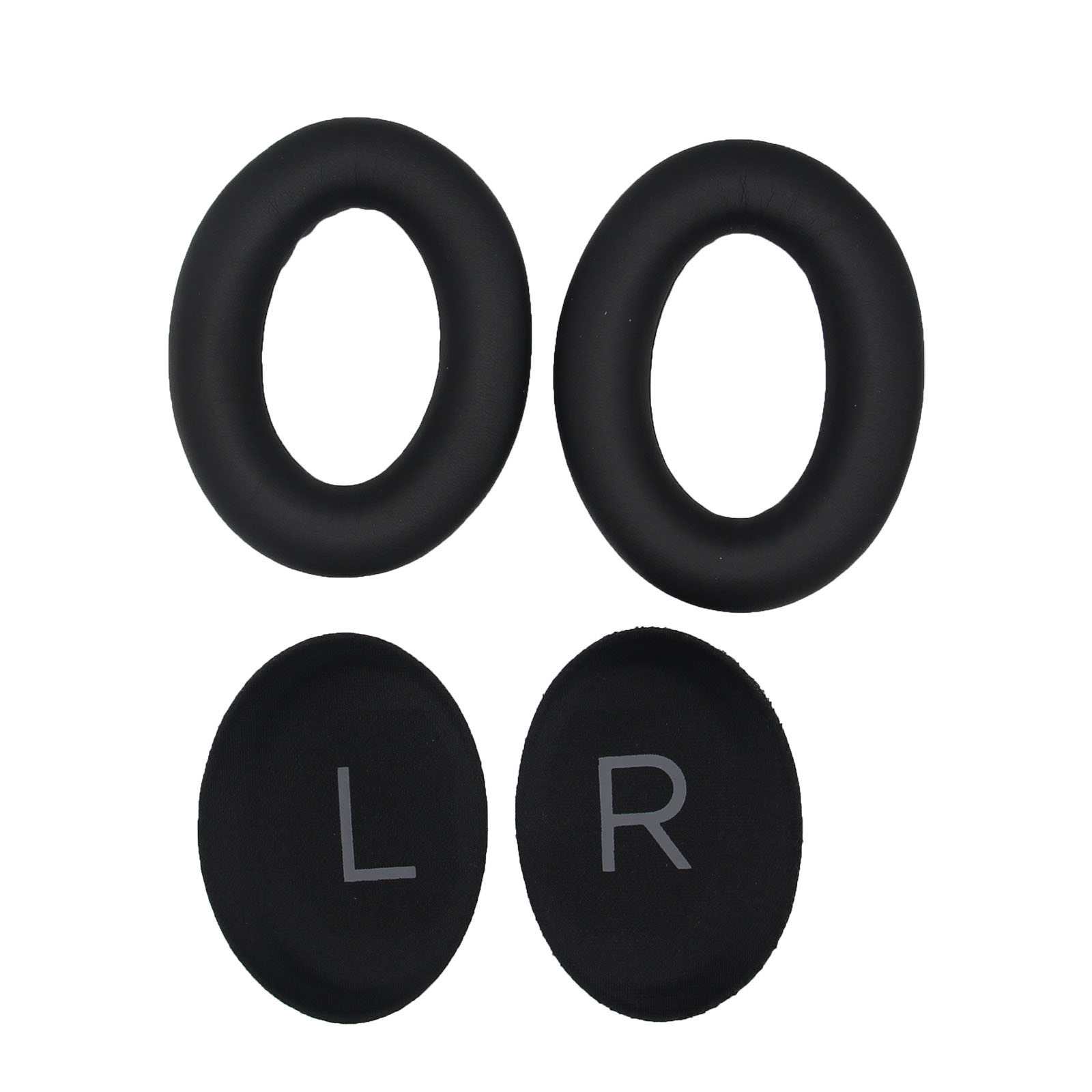 Czarne nauszniki do słuchawek, dwa okrągłe, dwa owalne, z L i R.
