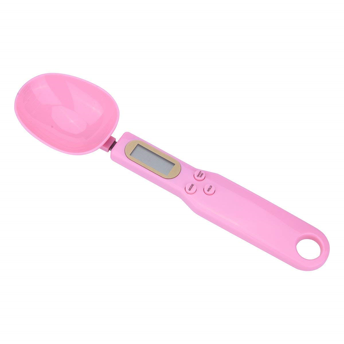 Rosa digitale Messlöffel mit einem ovalen Löffel und Knöpfen.