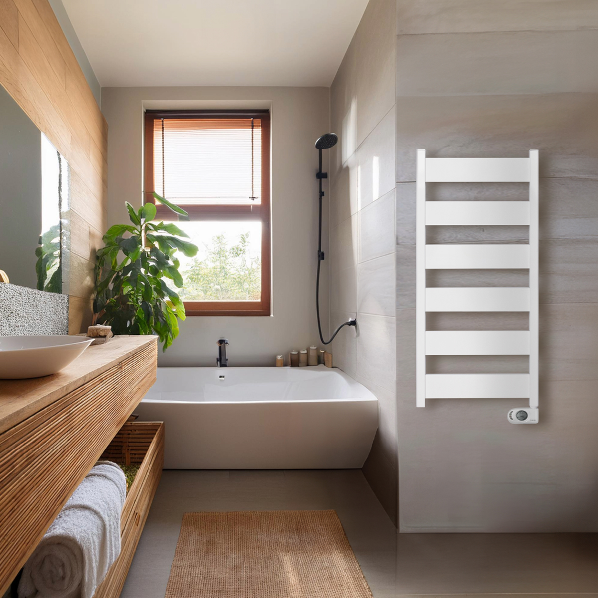 Baño con bañera blanca, tocador de madera y toallero blanco. También se ve una planta verde.
