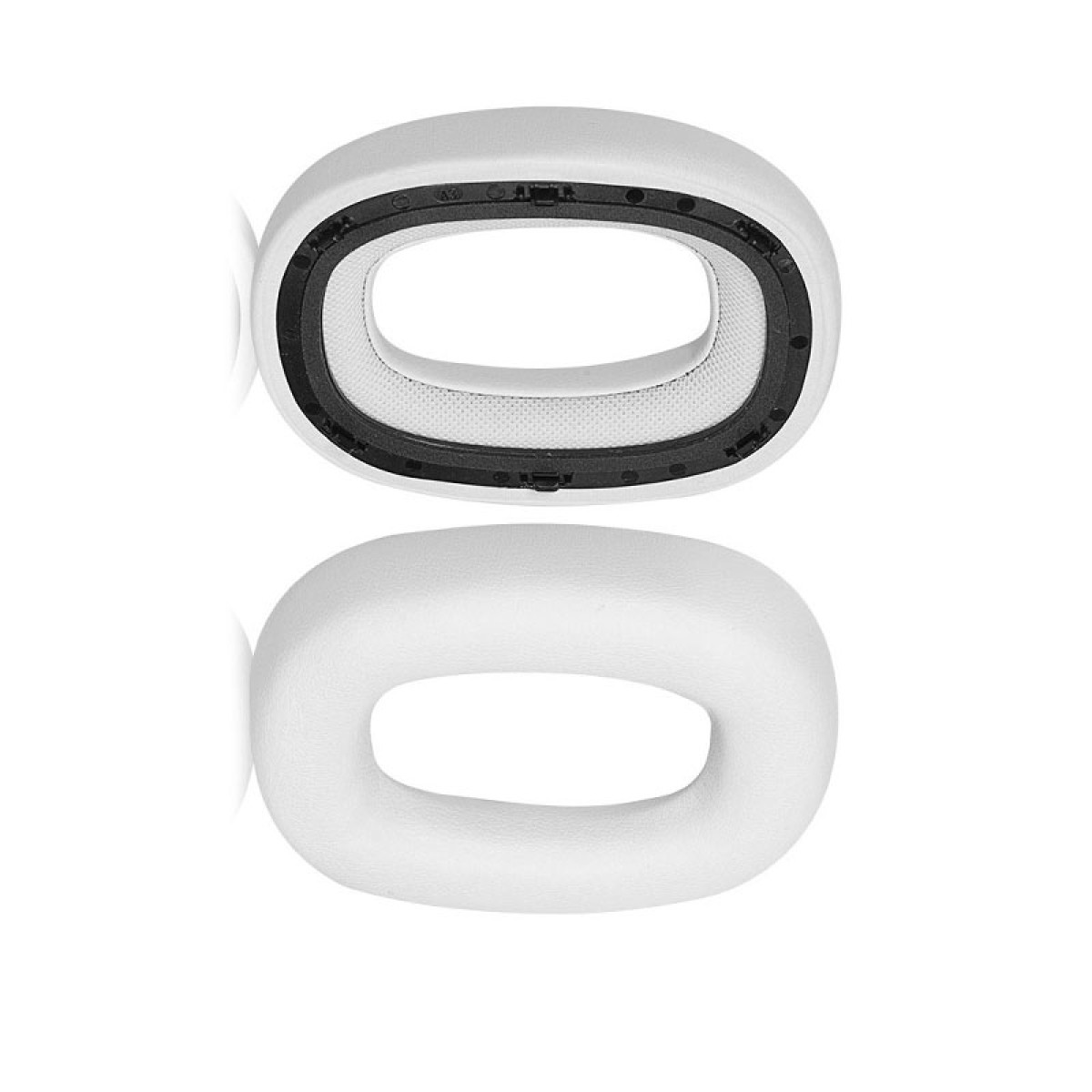 Dwie białe nausznice z czarnym wnętrzem. Nausznice mają zaokrąglony kształt.