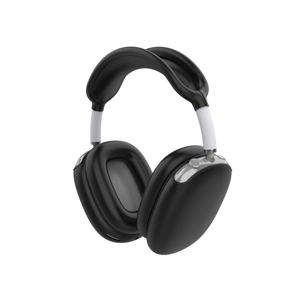 Czarne słuchawki z białymi akcentami. Słuchawki są w stylu nausznym i wydają się być na białym tle.