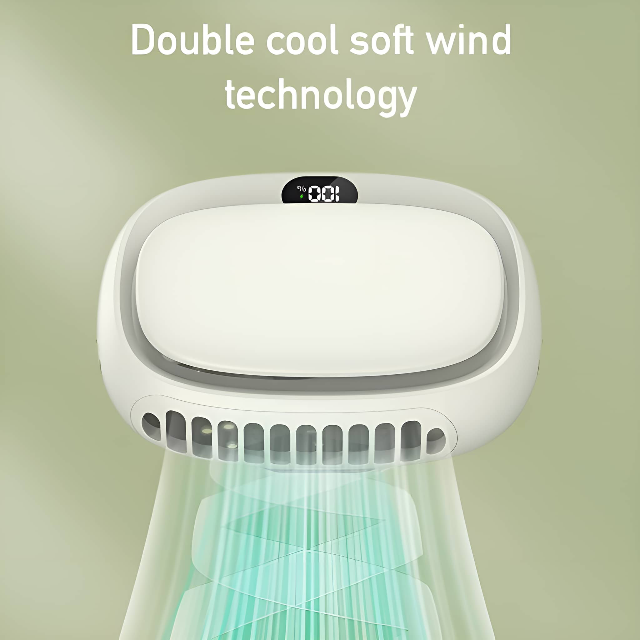 Weißer tragbarer Nackenventilator mit Display, das Prozentsatz und Zahl zeigt.
