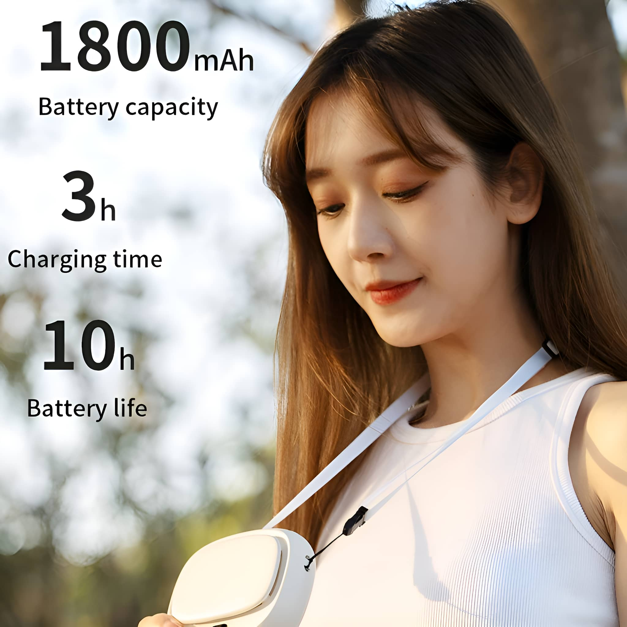 Frau mit weißem Nackenventilator. Texte zeigen 1800mAh Kapazität, 3h Ladezeit und 10h Akkulaufzeit.