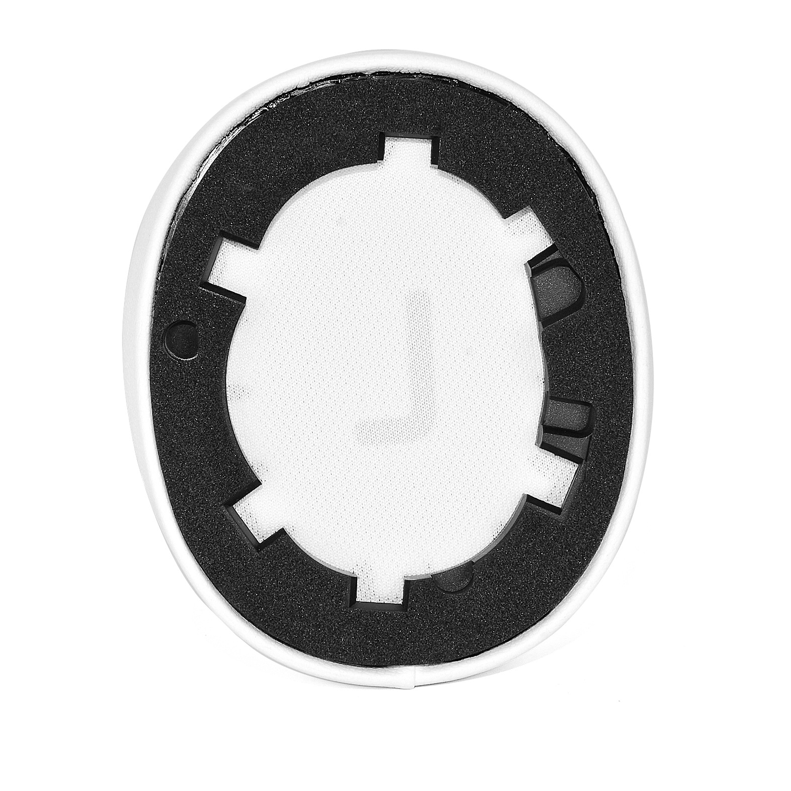 Biały plastikowy pierścień z czarną wkładką z pianki, o unikalnym wzorze.