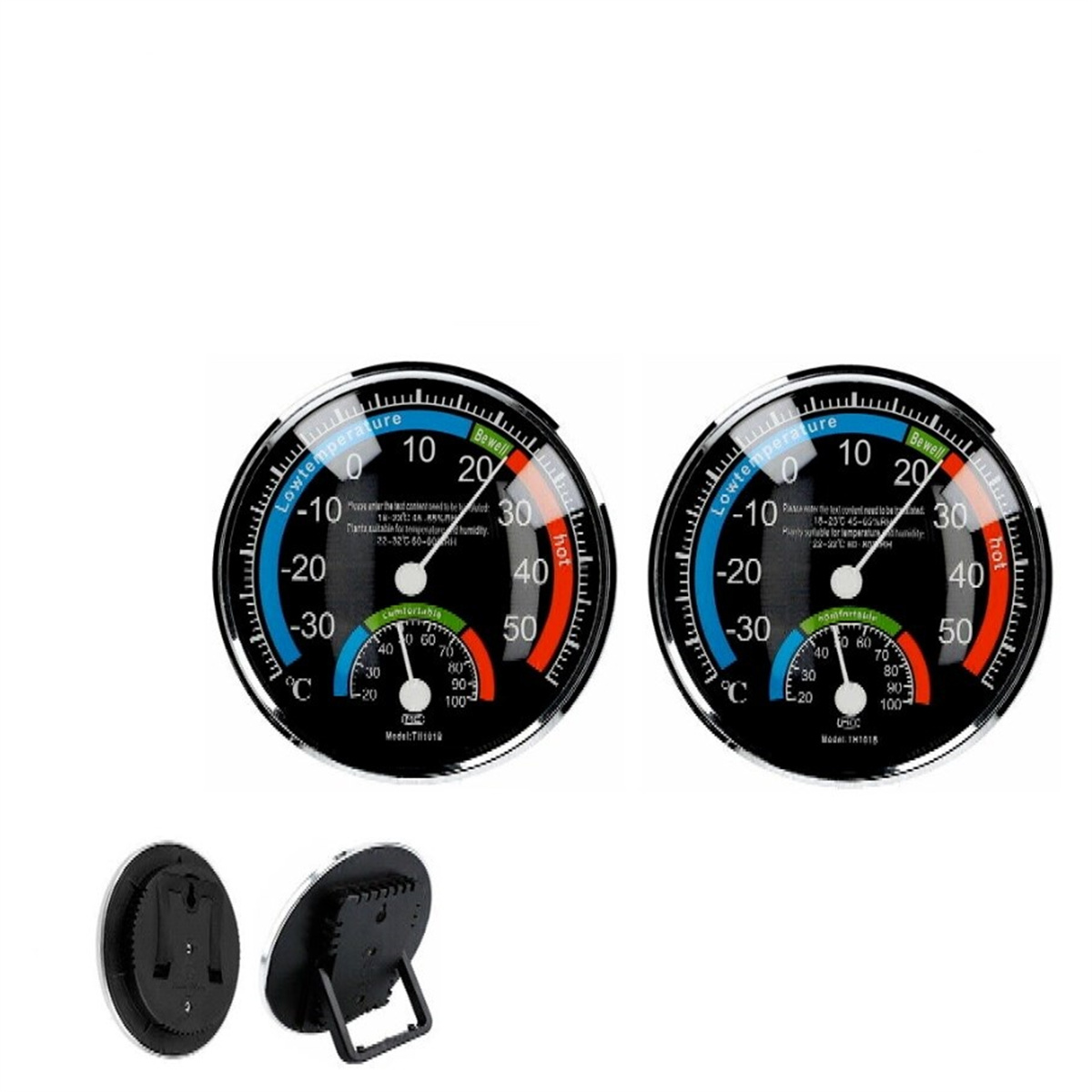 Zwei runde Thermometer mit schwarzen Zifferblättern, die Temperatur und Feuchtigkeit anzeigen, vor weißem Hintergrund.