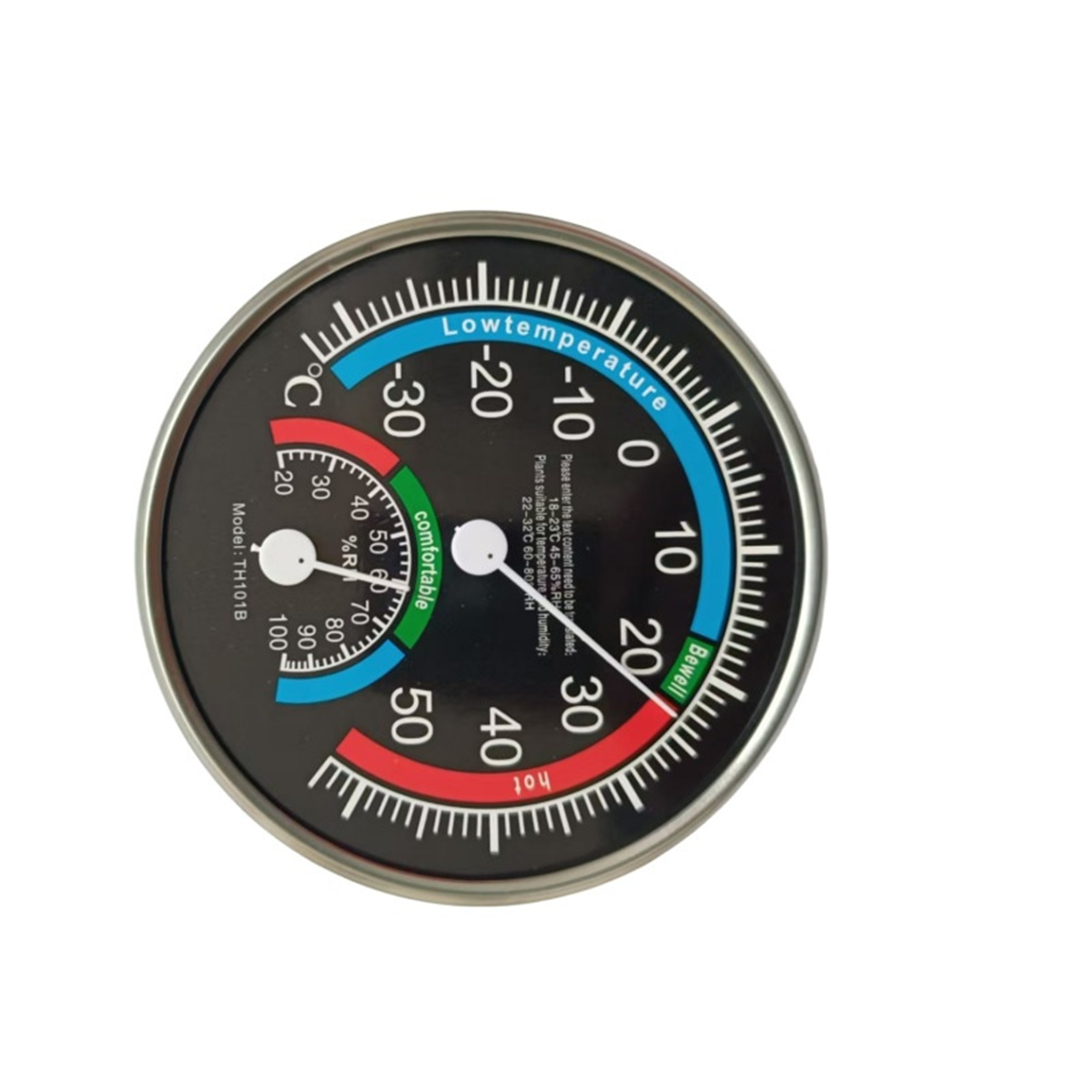 Ein schwarz-silbernes Thermometer mit Temperatur- und Feuchtigkeitsanzeige. Weißer Hintergrund.